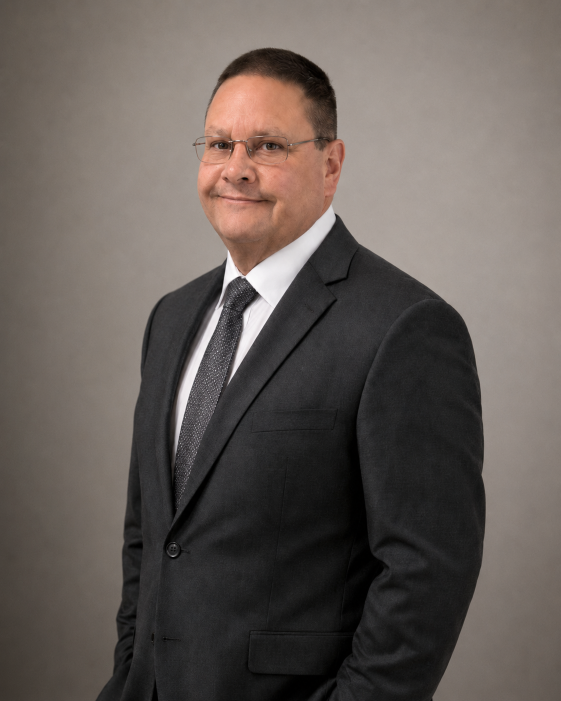 A professional man in a dark suit, white shirt, and patterned tie, wearing glasses, standing against a plain gray background.