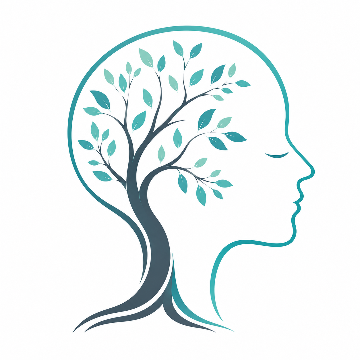 A line drawing of a human head in profile with a tree inside the outline of the brain, representing mental health or psychological growth.
