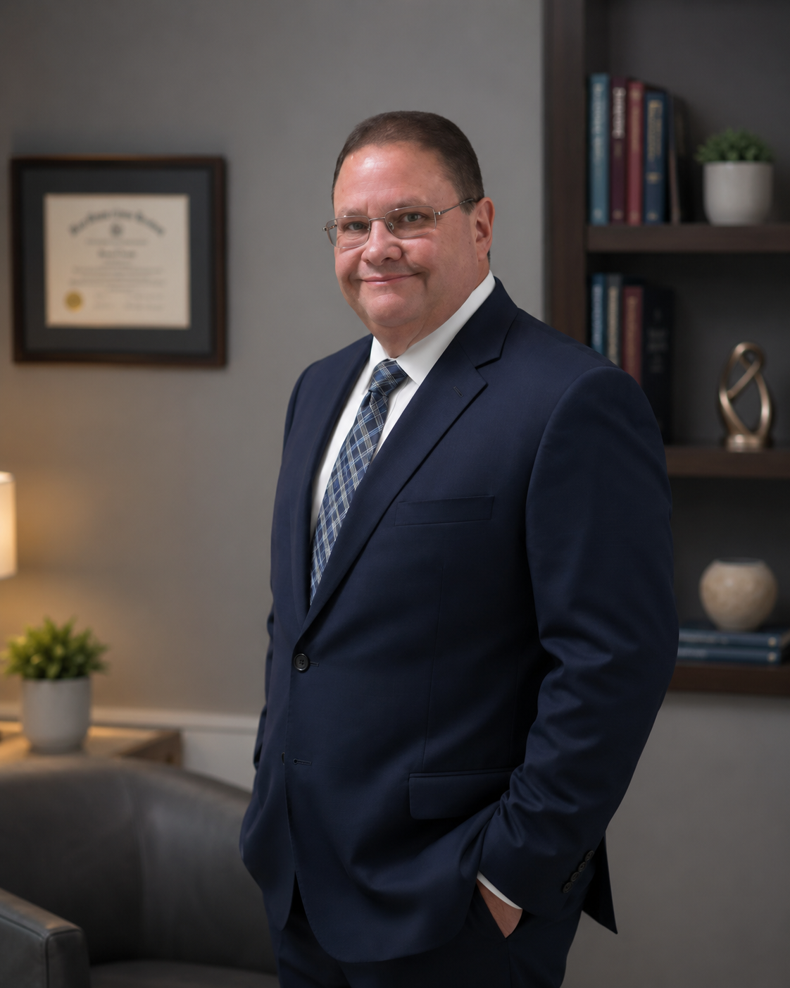 A middle-aged man wearing glasses and a navy blue suit with a patterned tie, standing in an office with bookshelves and framed certificate on the wall.