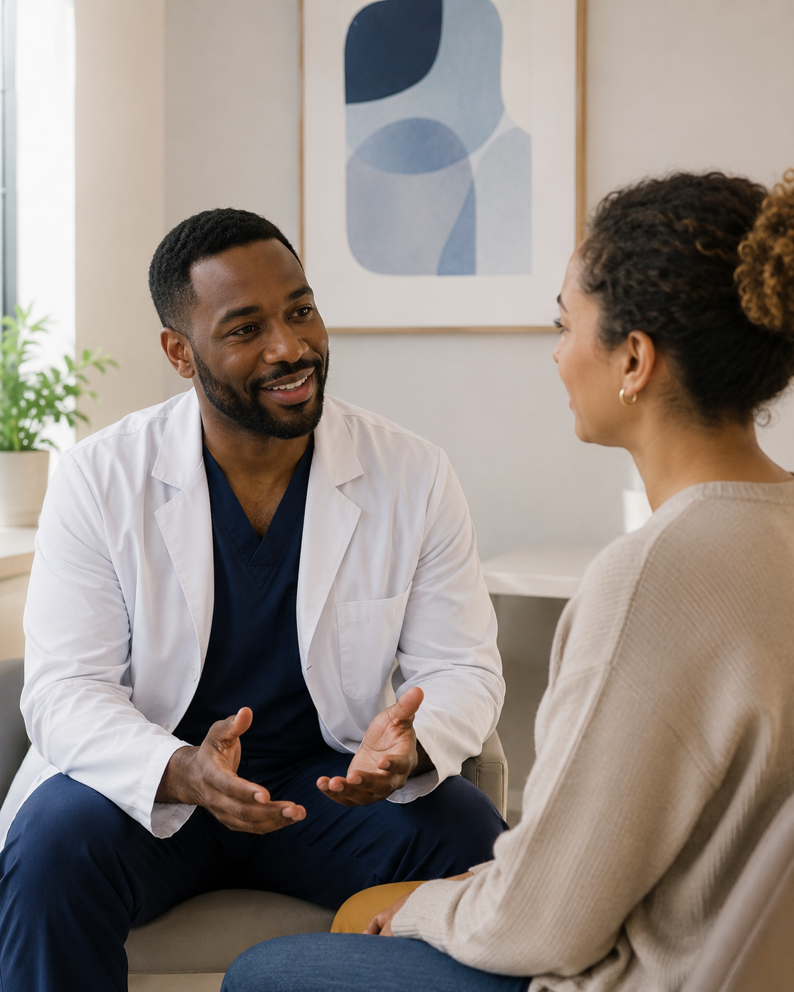 A male doctor wearing a white coat and navy scrubs talking to a female patient in a beige sweater, sitting in a clinical room with abstract artwork and a plant in the background.