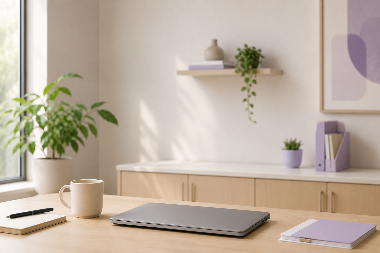 A tidy workspace with a closed laptop, a notebook with a pen, a ceramic mug, and various potted plants on a wooden desk near a window.