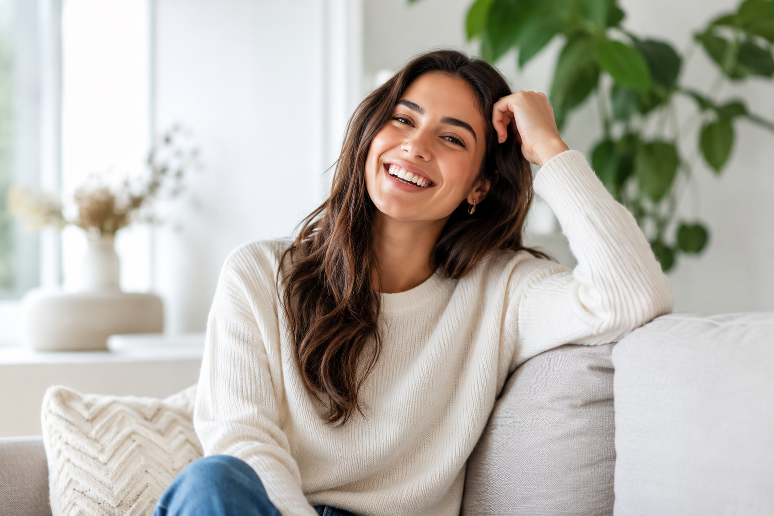 A woman with long brown hair smiling while sitting on a light-colored sofa in a bright room with greenery in the background.