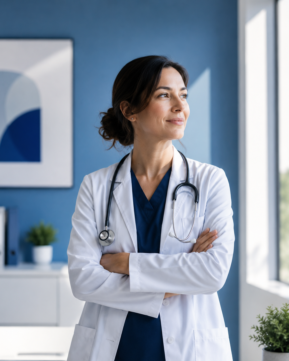 A female doctor with dark hair pulled back, wearing a white lab coat and stethoscope, standing with arms crossed in a modern medical office, looking thoughtfully out the window.