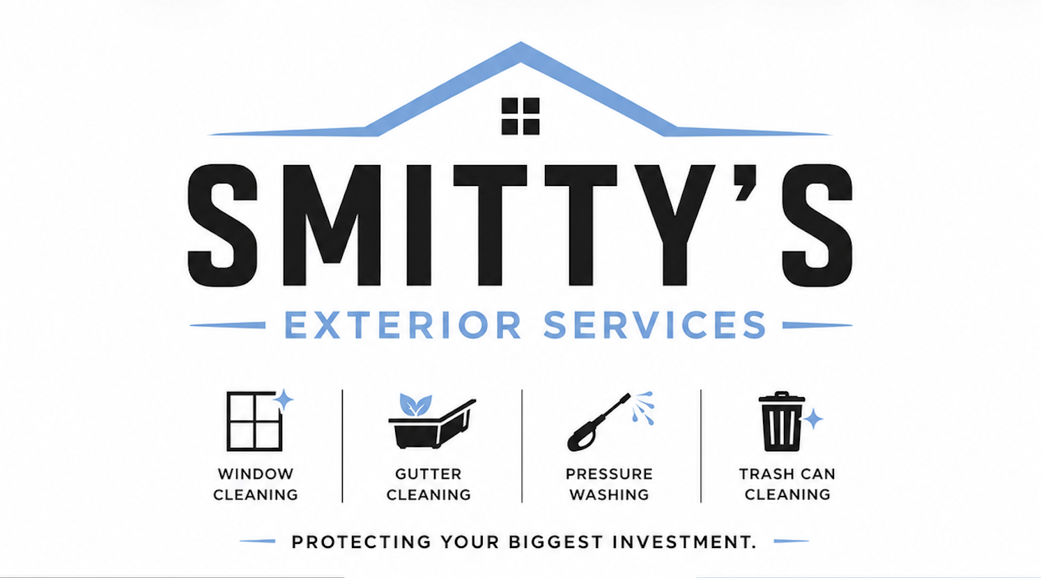 Smitty's Exterior Services logo with a house silhouette and icons for window cleaning, gutter cleaning, pressure washing, and trash can cleaning, along with the slogan "Protecting Your Biggest Investment."