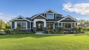 Large modern house with multiple gables, stone accents, and well-maintained front yard under a blue sky.