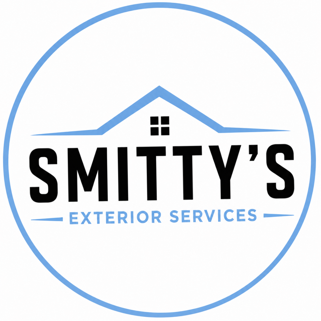 Logo for Smitty's Exterior Services with a black house roof and window above the company name, featuring a blue circle border and blue text.