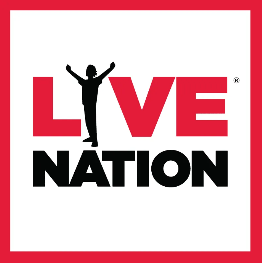 Logo with the words 'Love Nation', featuring a silhouette of a person with arms raised, integrated into the letter 'O' in 'Love', on a white background with a red border.