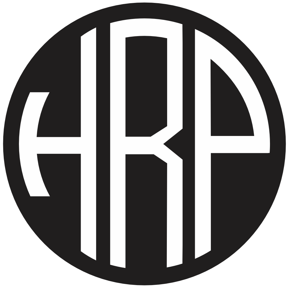 Logo with black background and white artistic text design.