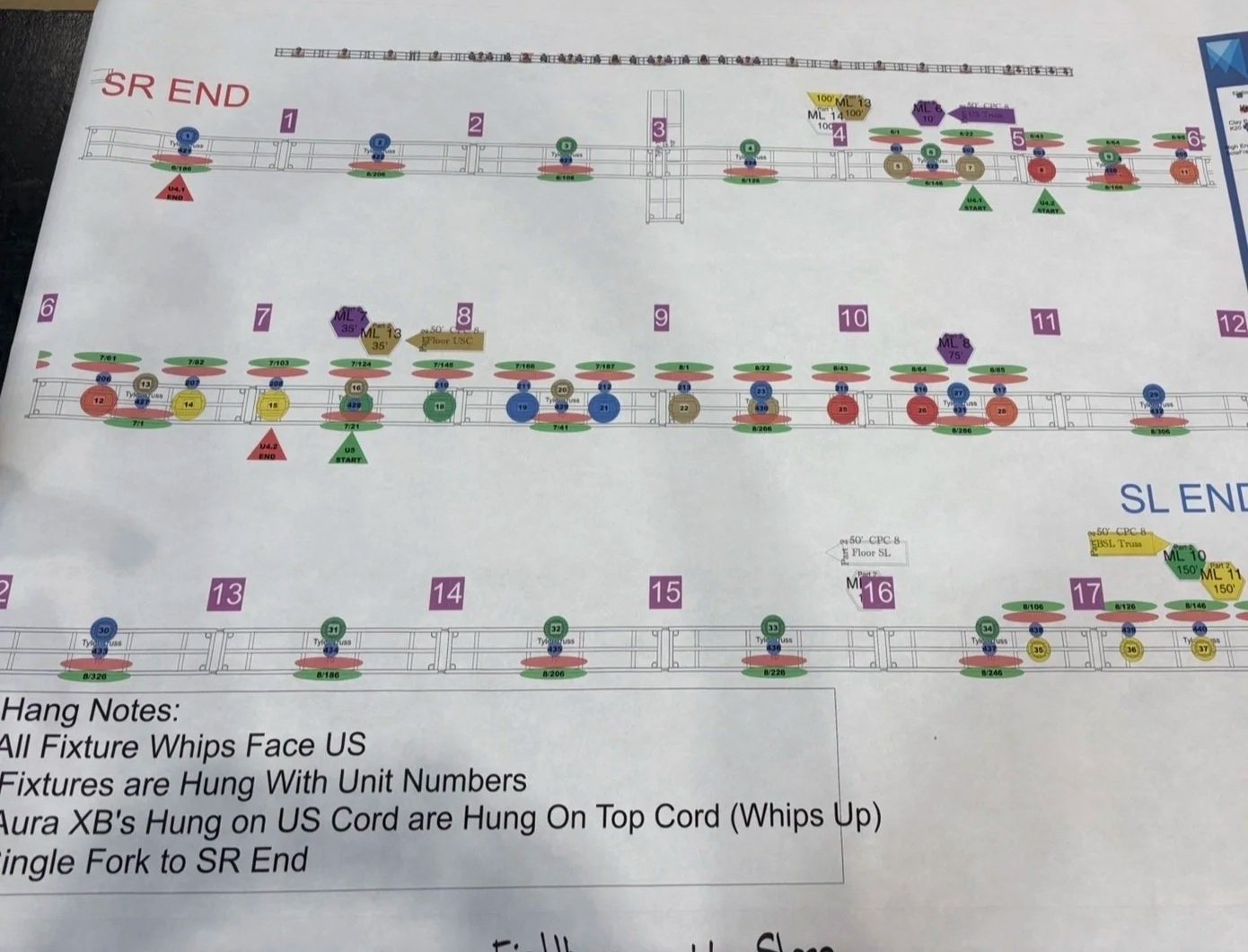 A detailed wiring diagram of a lighting fixture installation showing numbered sections, fixture placements, and specific wiring instructions, including hanging notes and unit numbers.