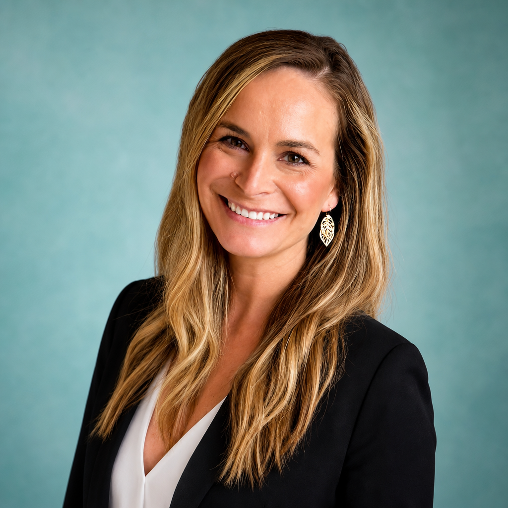 A smiling woman with long blonde hair wearing a black blazer, white blouse, and gold leaf-shaped earrings, against a light teal background.