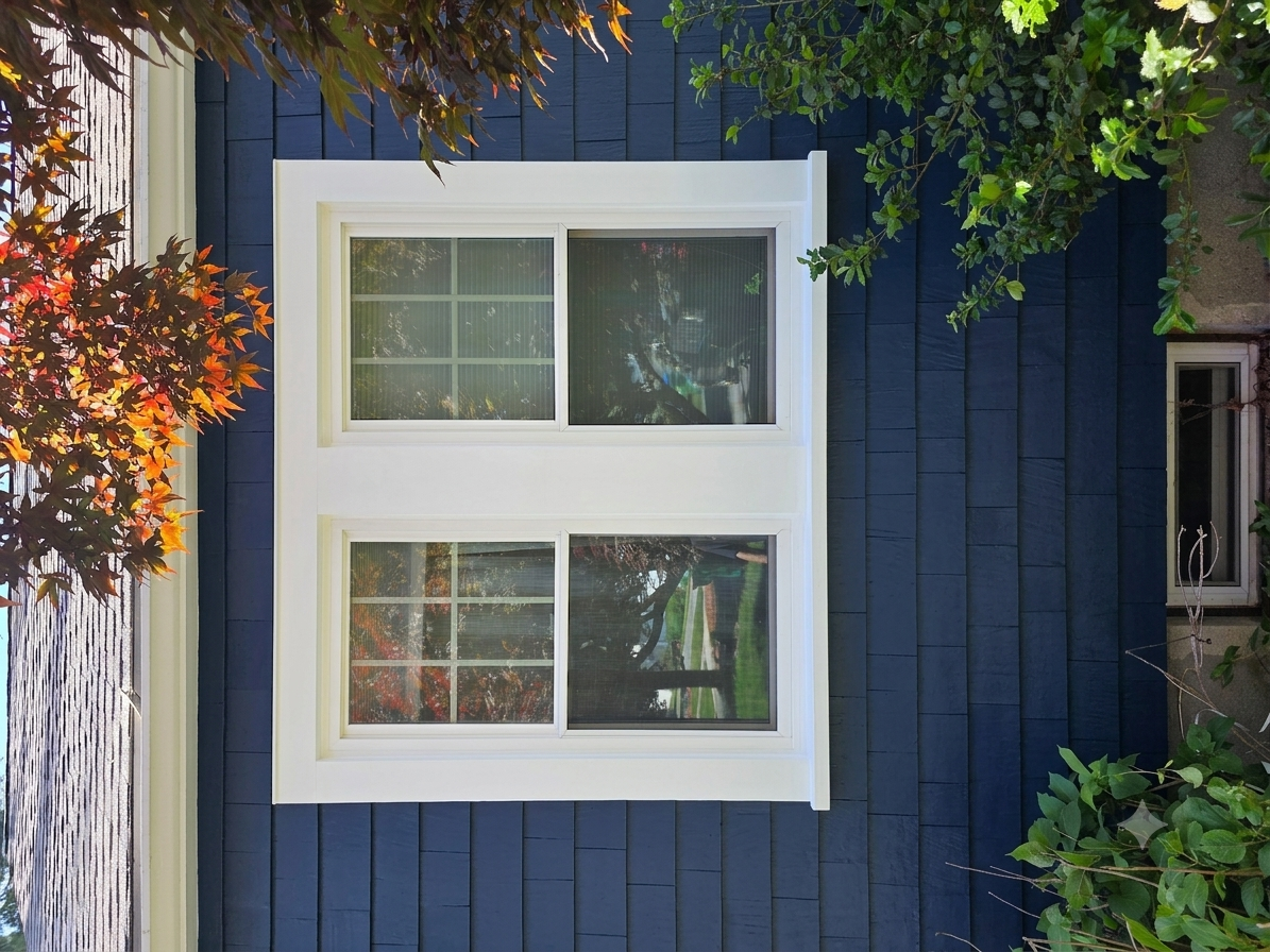 Blue house exterior with two white-framed double-hung windows, surrounded by green and reddish-brown foliage.