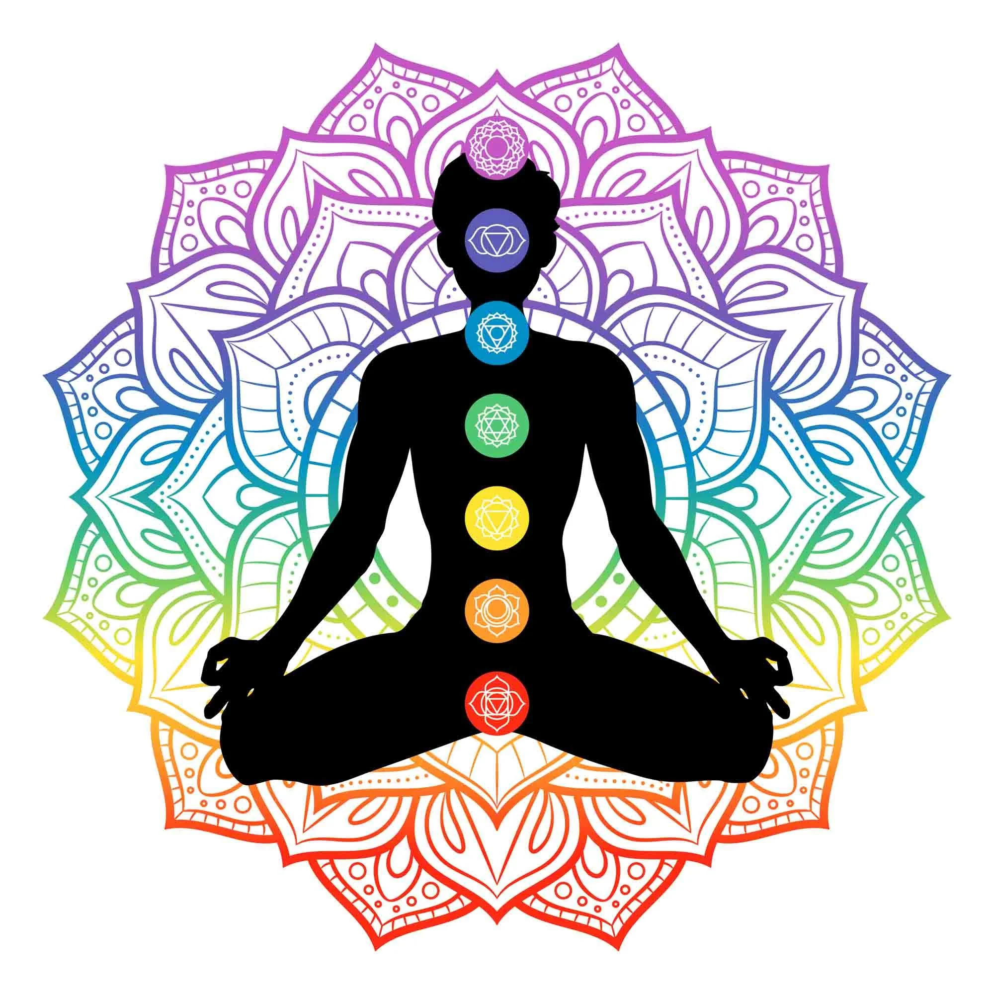Silhouette of a person sitting in a meditation pose with colored chakras aligned along their body, set against a detailed mandala pattern.