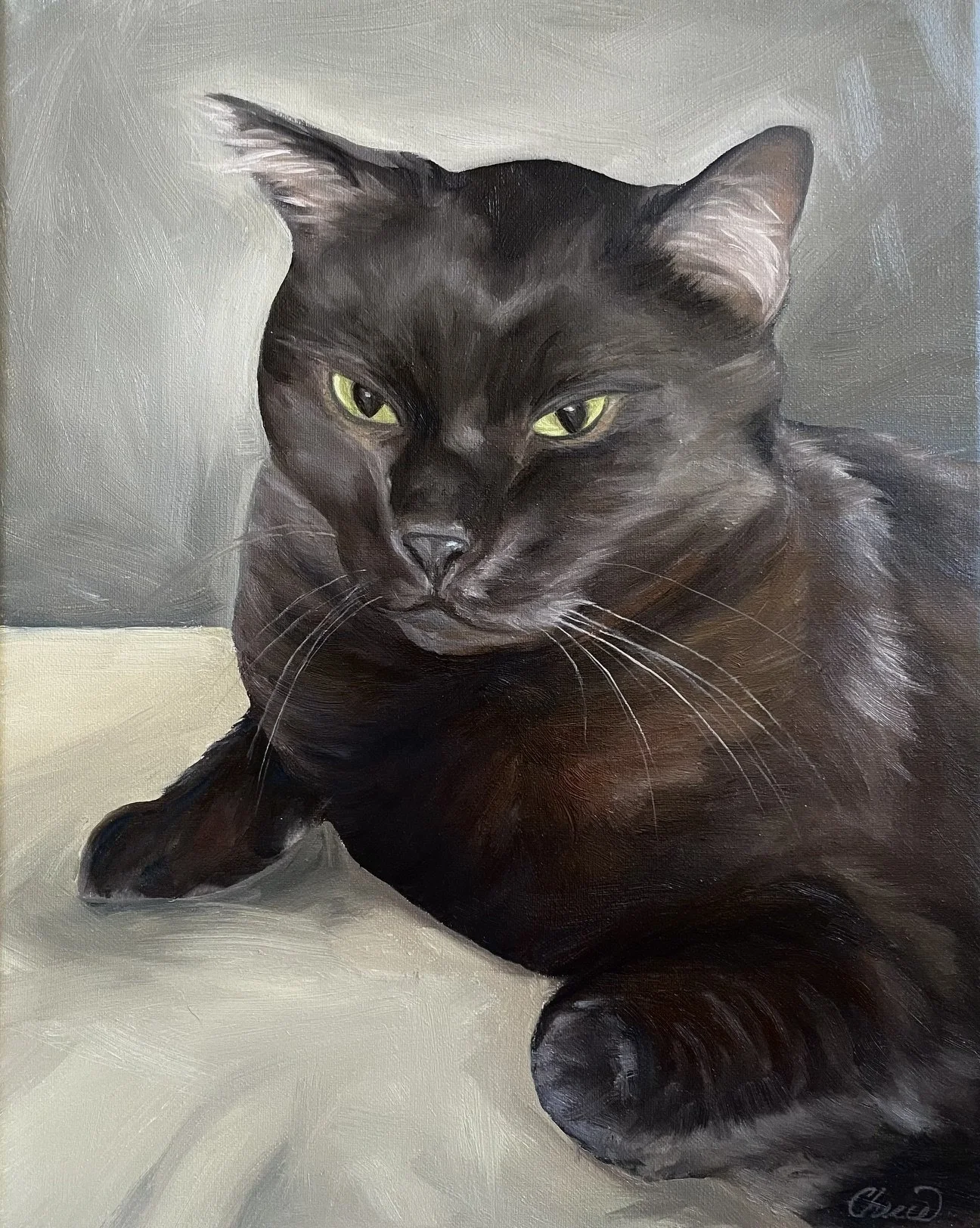 "Diego" the black cat oil painting by Cherie Dimsey