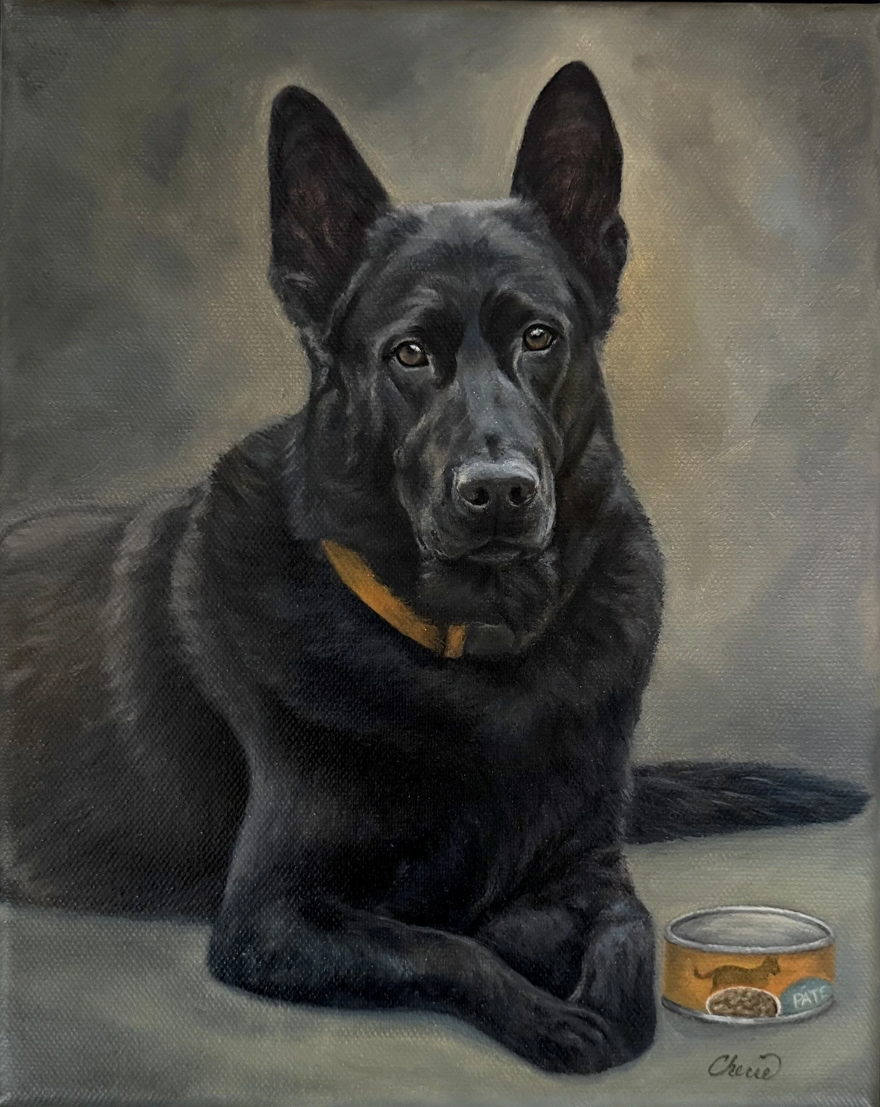 Black German Shepard who loves cat food cans painted in oil by Cherie Dimsey