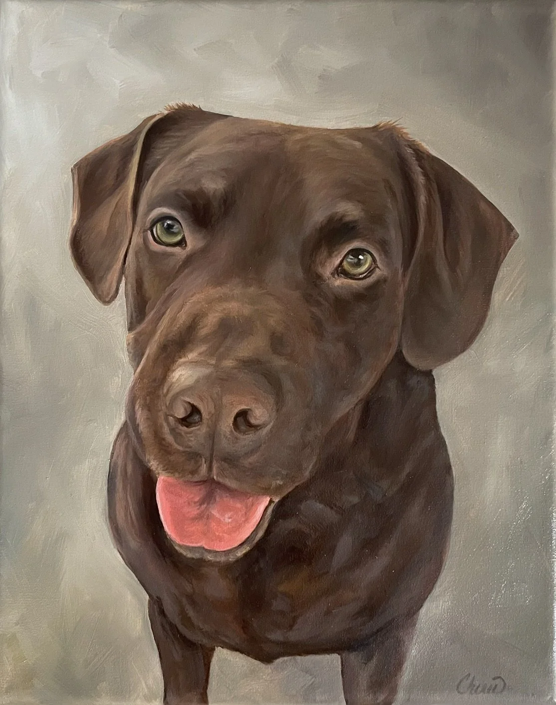 Custom oil portrait of a Chocolate Labrador Retriever by California artist Cherie Dimsey