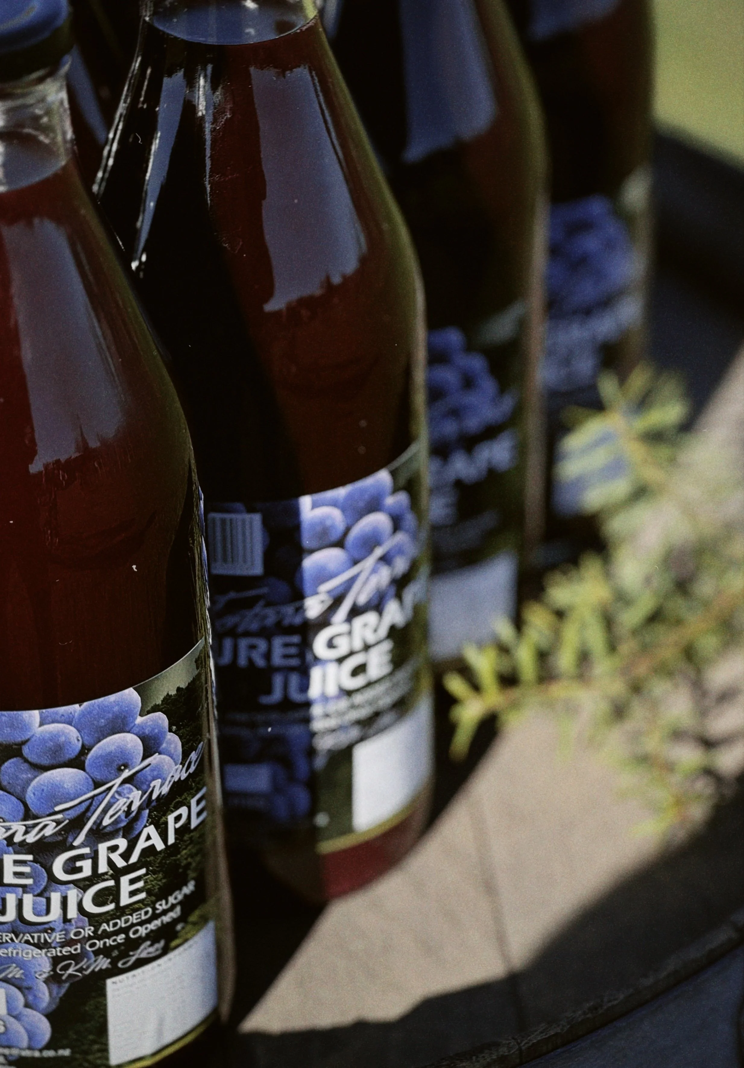Close-up of multiple bottles of pure blueberry juice with dark blue labels, featuring images of blueberries and white text, arranged on a surface with some greenery in the background.