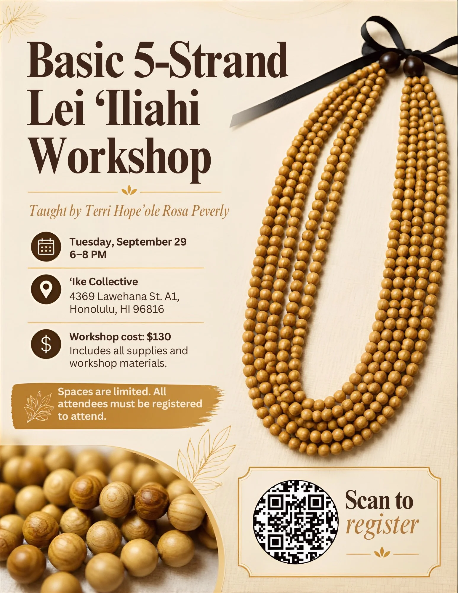 A promotional flyer for a Basic 5-Strand Lei 'Iliahi Workshop featuring an image of a beige-colored lei made of small wooden beads, tied with a black ribbon, and event details including date, location, cost, and a QR code for registration.