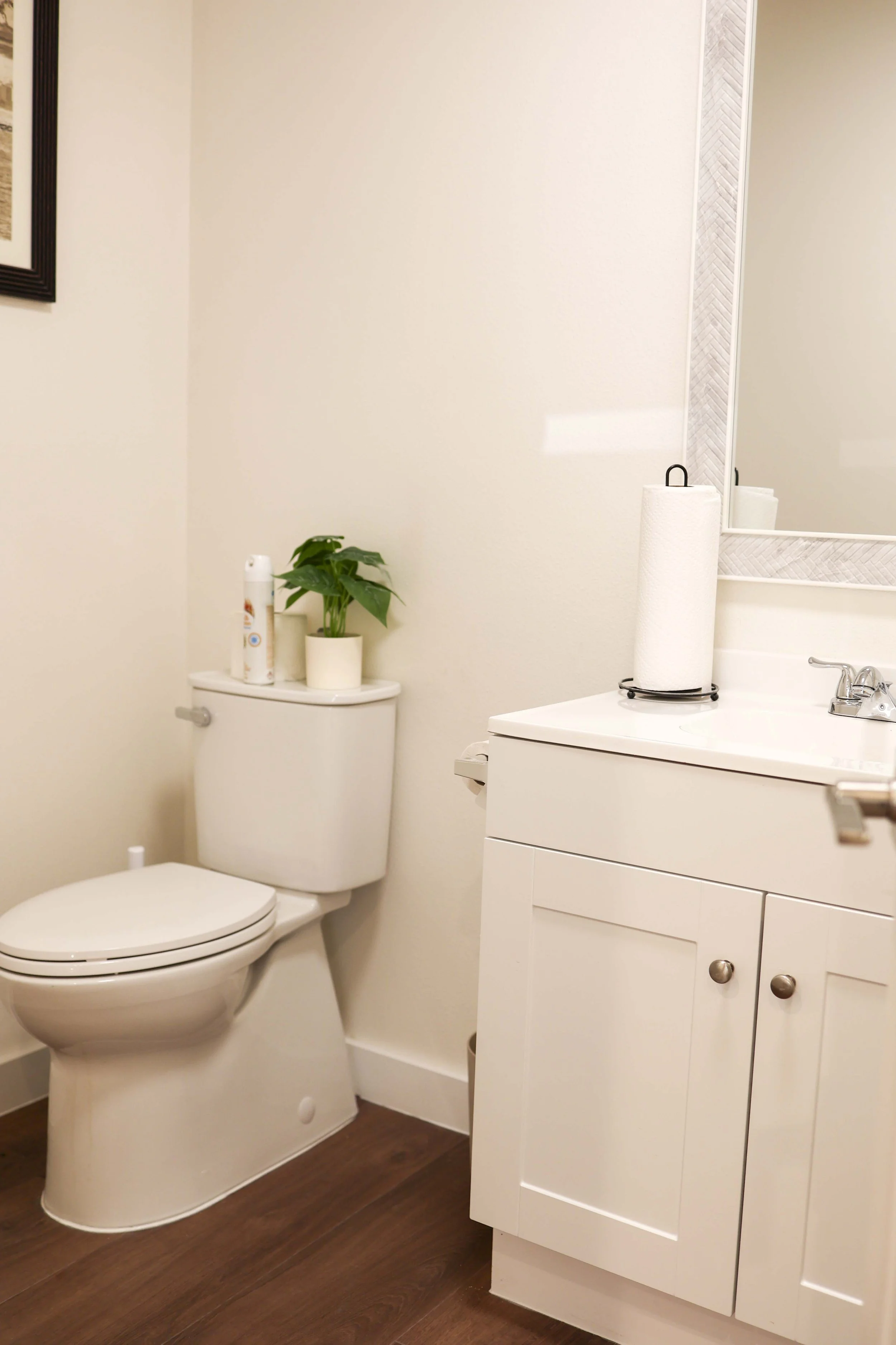 A bathroom with a white toilet, a white vanity with a mirror, a potted plant on the toilet tank, a roll of paper towels on the vanity, and a faucet. The floor is brown wood, and the wall is painted white.