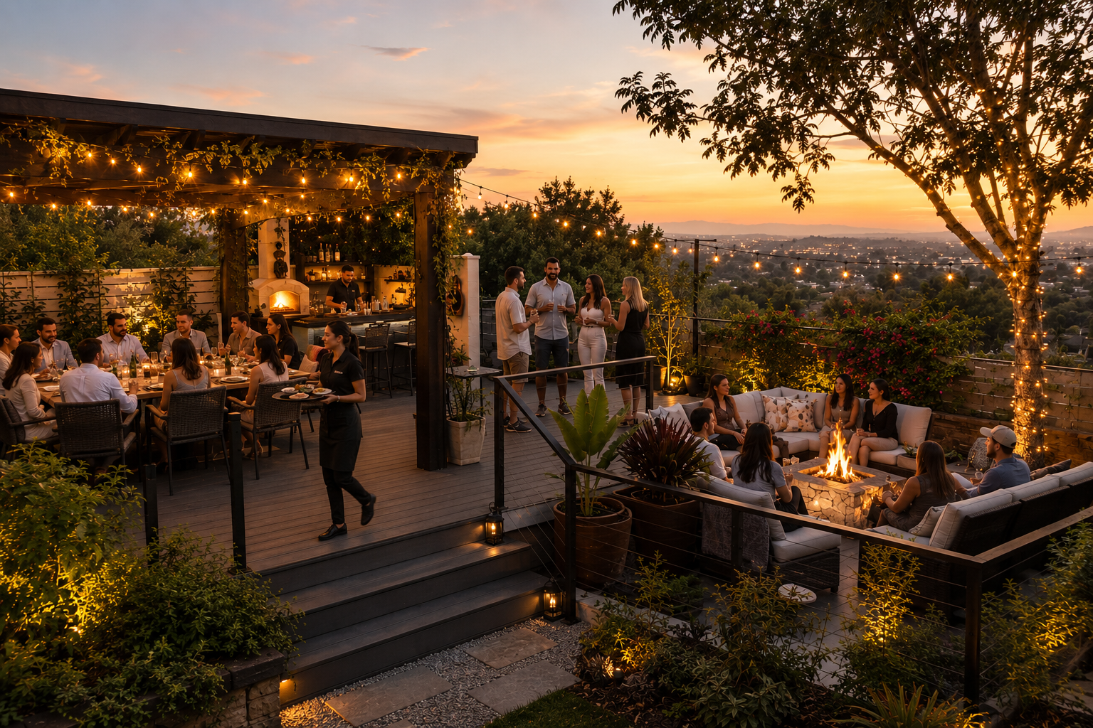 A rooftop dinner party during sunset with string lights, a fire pit, and people socializing in an outdoor lounge area surrounded by plants and trees.