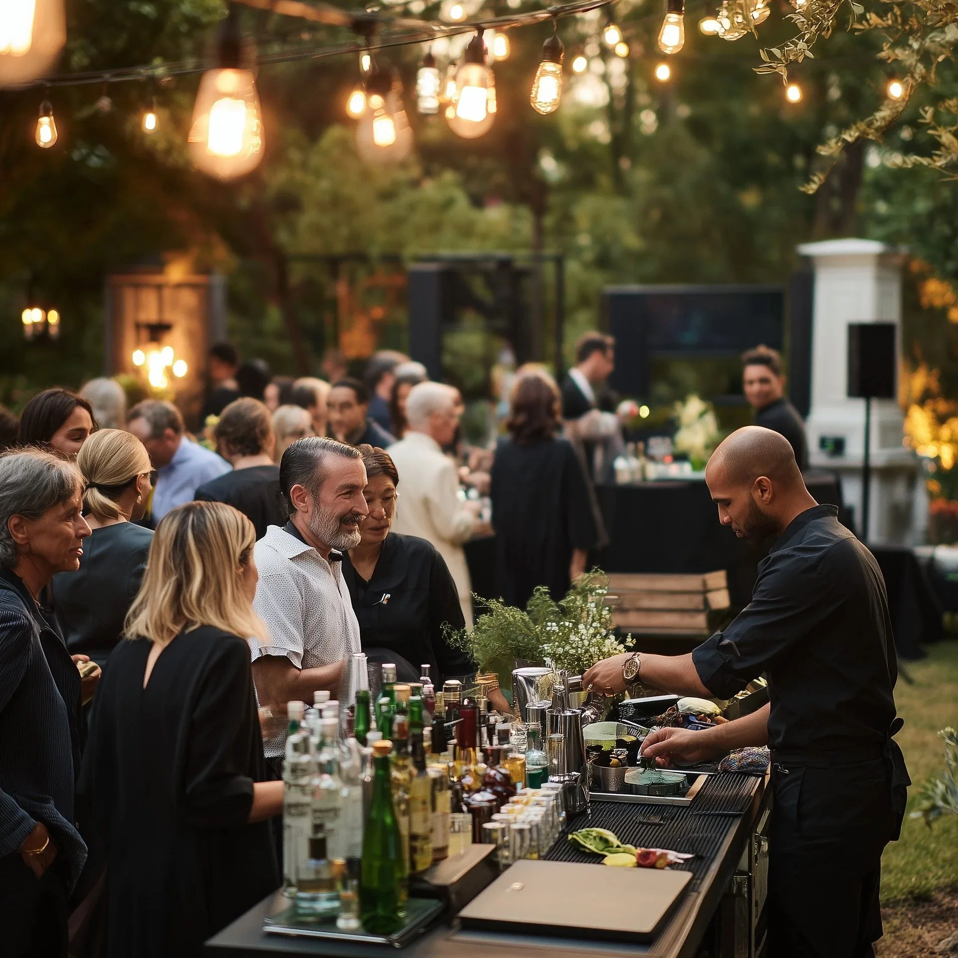 Guests gather at an outdoor evening event with string lights hanging overhead, surrounding a bar area with bottles and glasses, as a bartender prepares drinks.