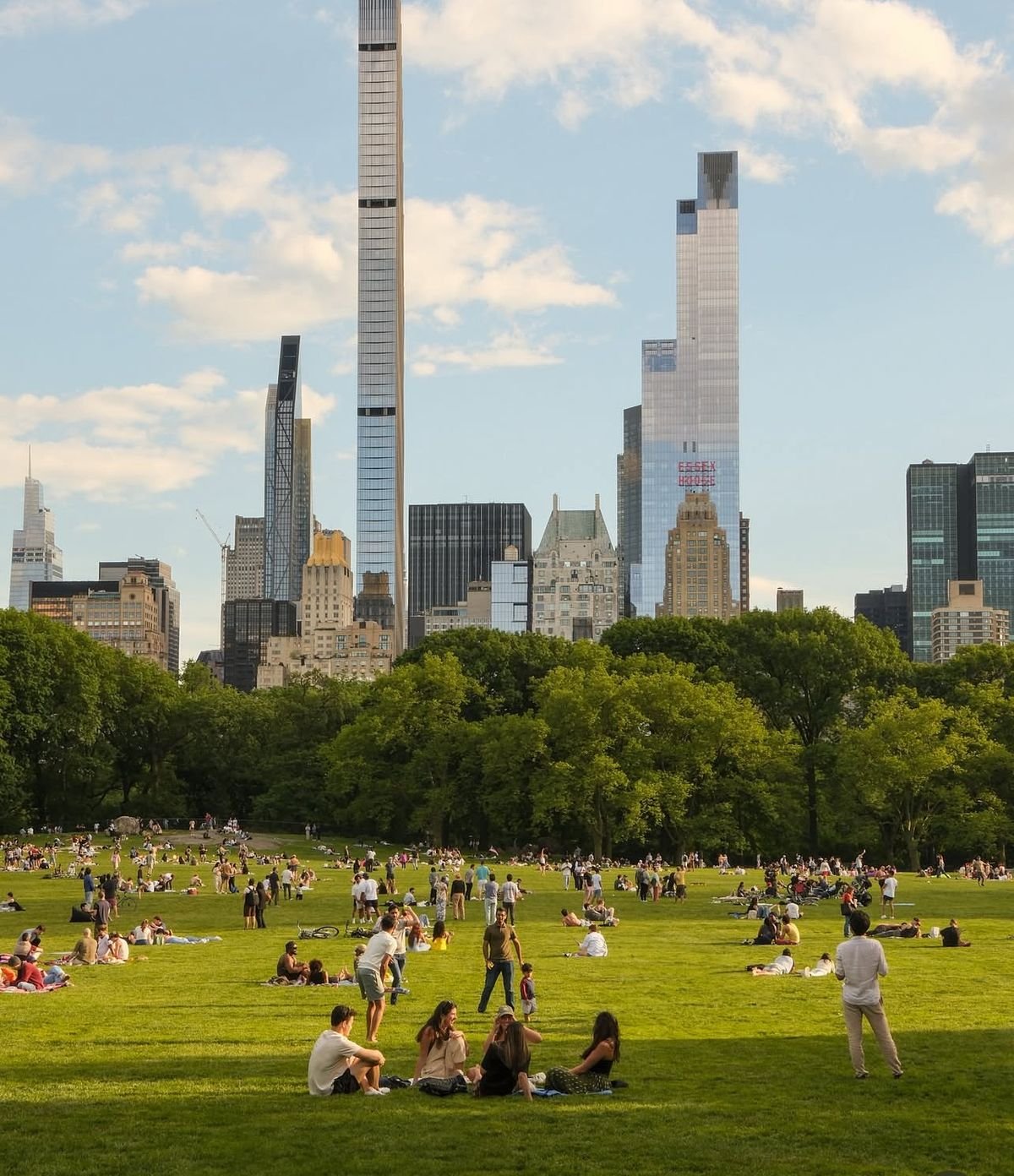 People relaxing and socializing in a large park with green grass and trees, city skyline with tall skyscrapers in the background on a sunny day.