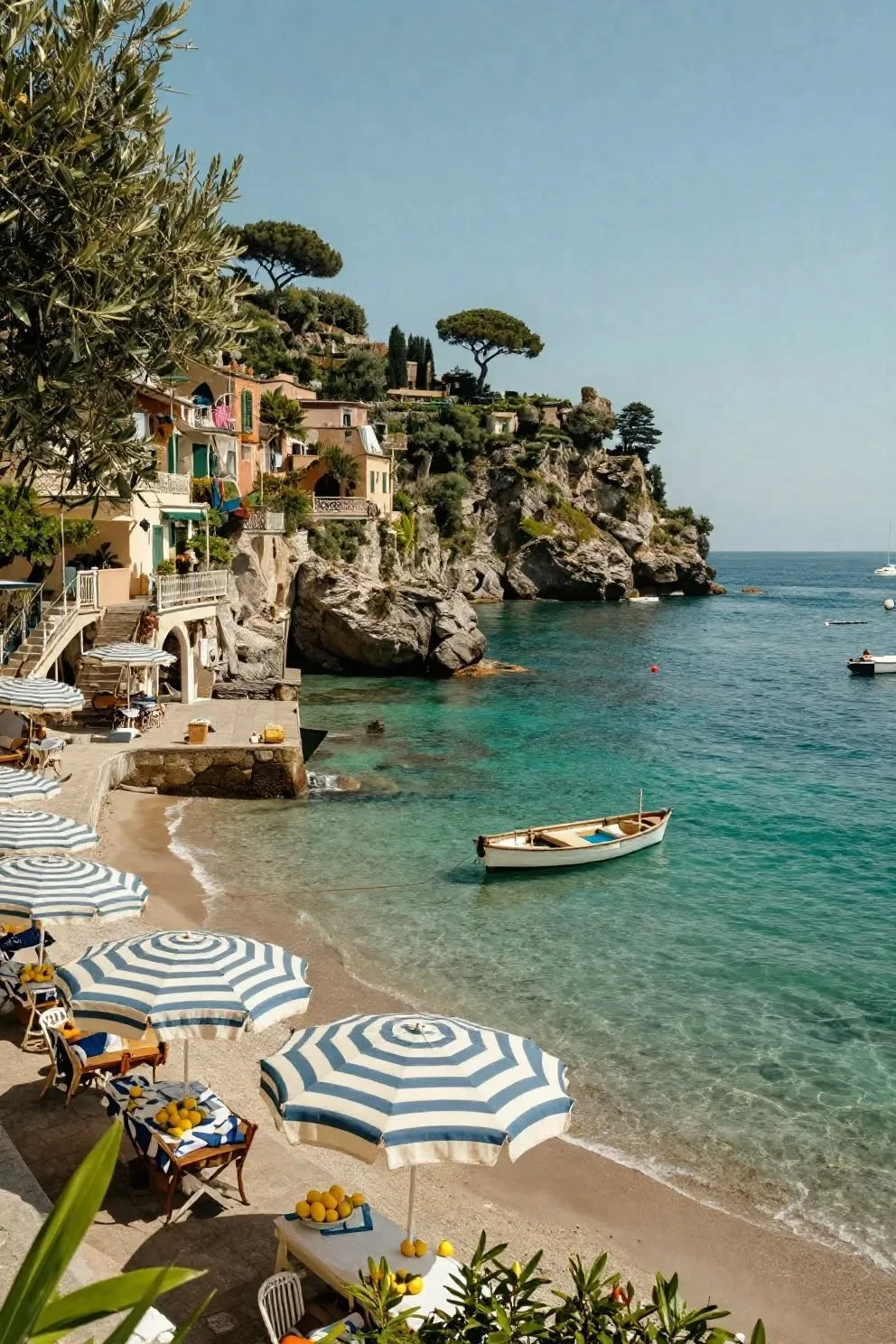 A scenic coastal scene with rocky cliffs, colorful Mediterranean-style houses, and lush trees overlooking a calm, turquoise sea. There are striped umbrellas and lounge chairs on a sandy beach with a small boat floating near the shore.