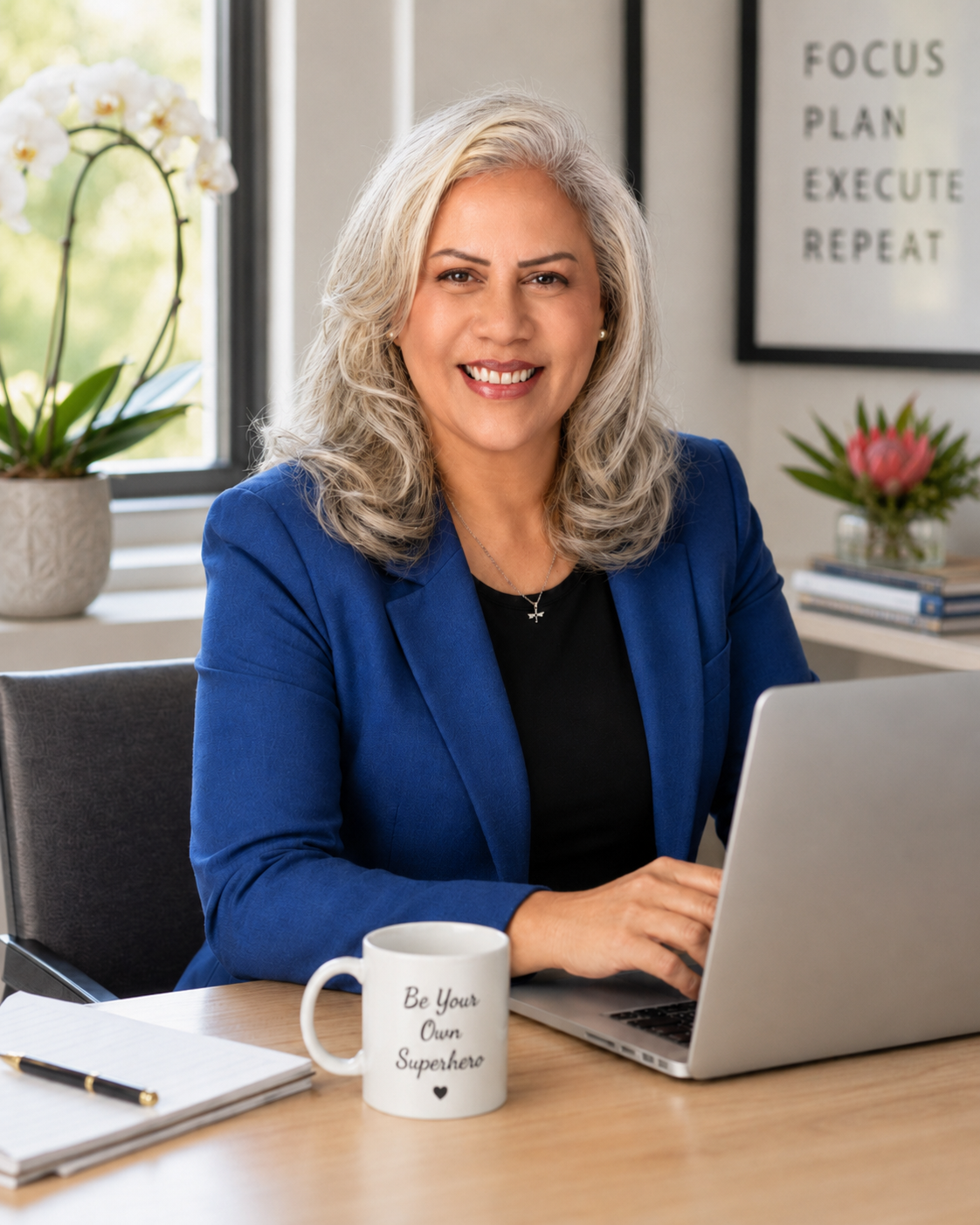 A smiling woman with gray hair in a blue blazer sitting at a desk with a laptop, a coffee mug that reads "Be Your Own Superhero," a notebook, and a pen. There are plants and a motivational poster in the background.