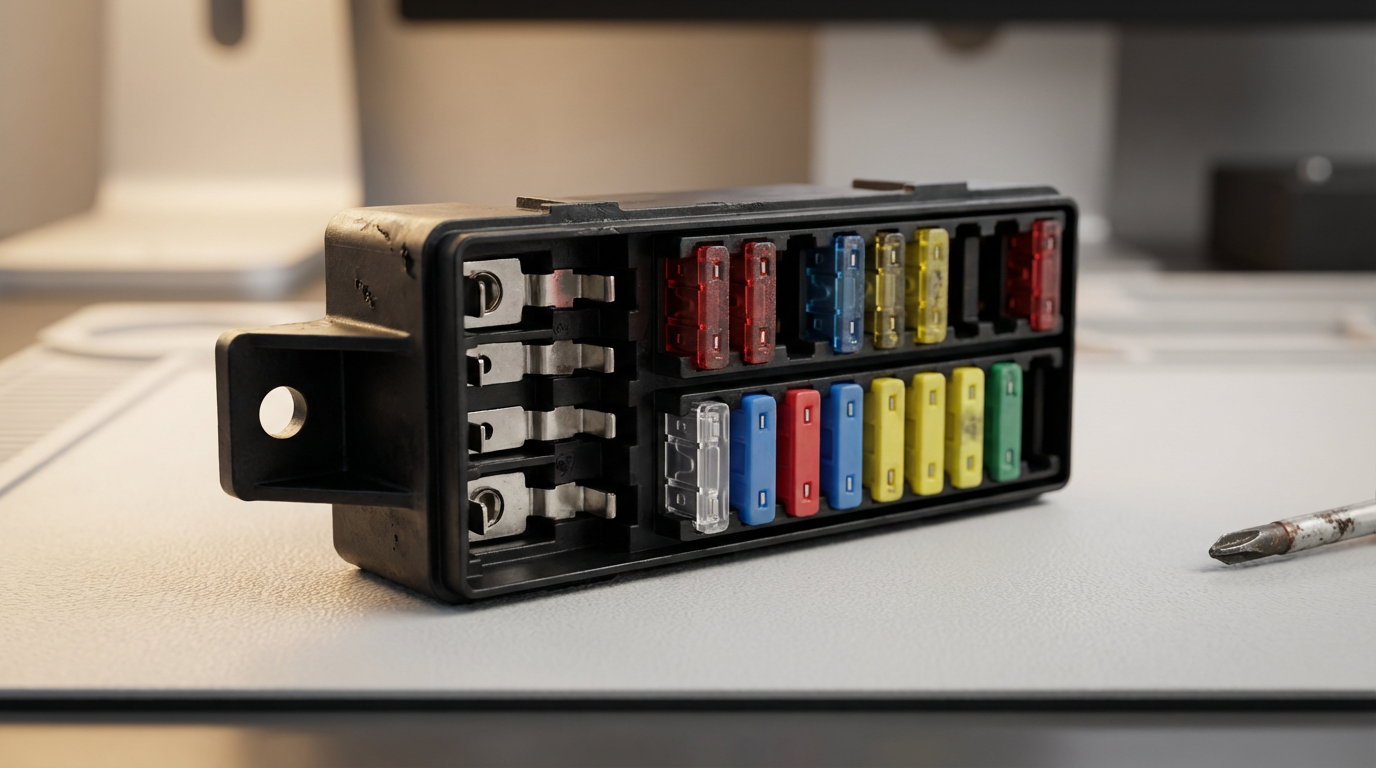 A car fuse box with multiple colorful fuses and a screwdriver resting on a white surface.