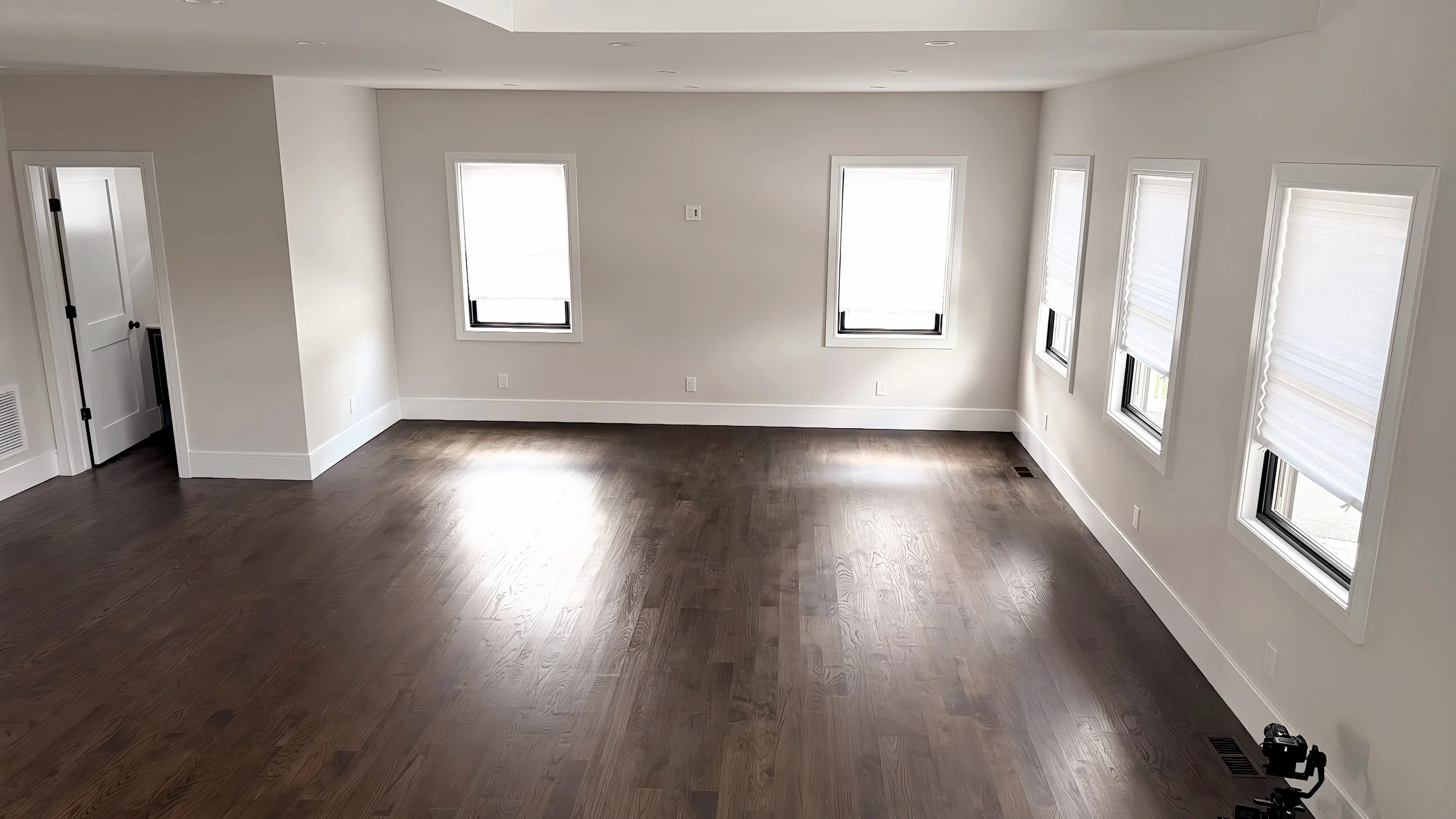 Empty living room with white walls, five windows with white blinds, dark hardwood floors, and a closed door on the left side.