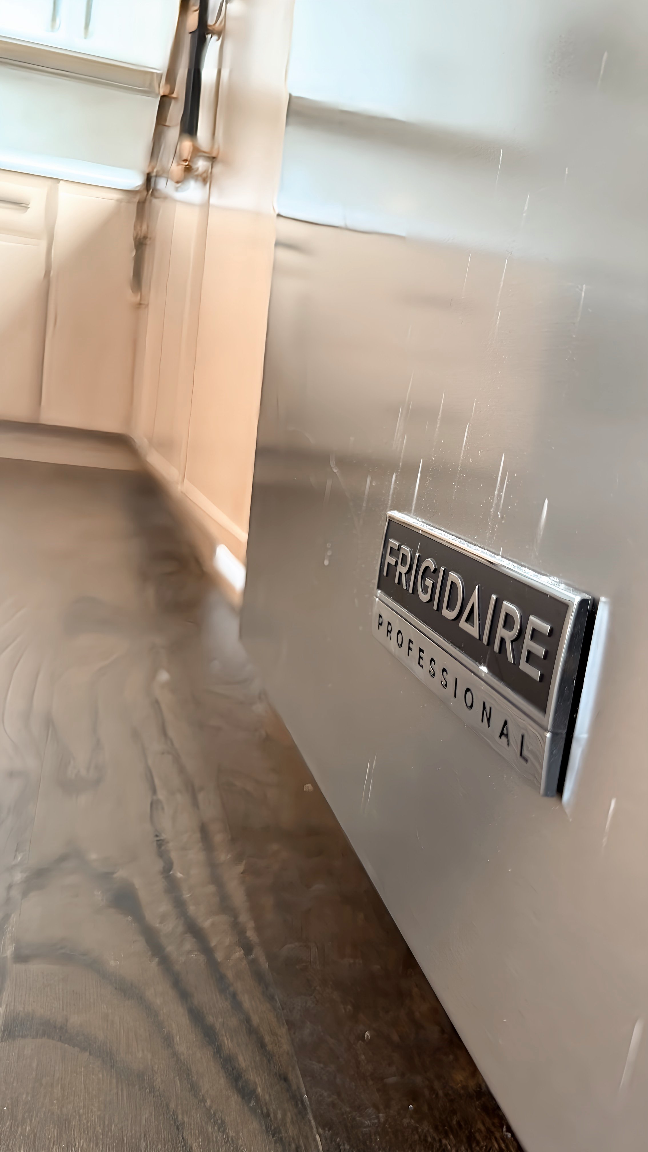 Close-up of a stainless steel commercial refrigerator with a sign that reads 'FRIGIDAIRE PROFESSIONAL'.