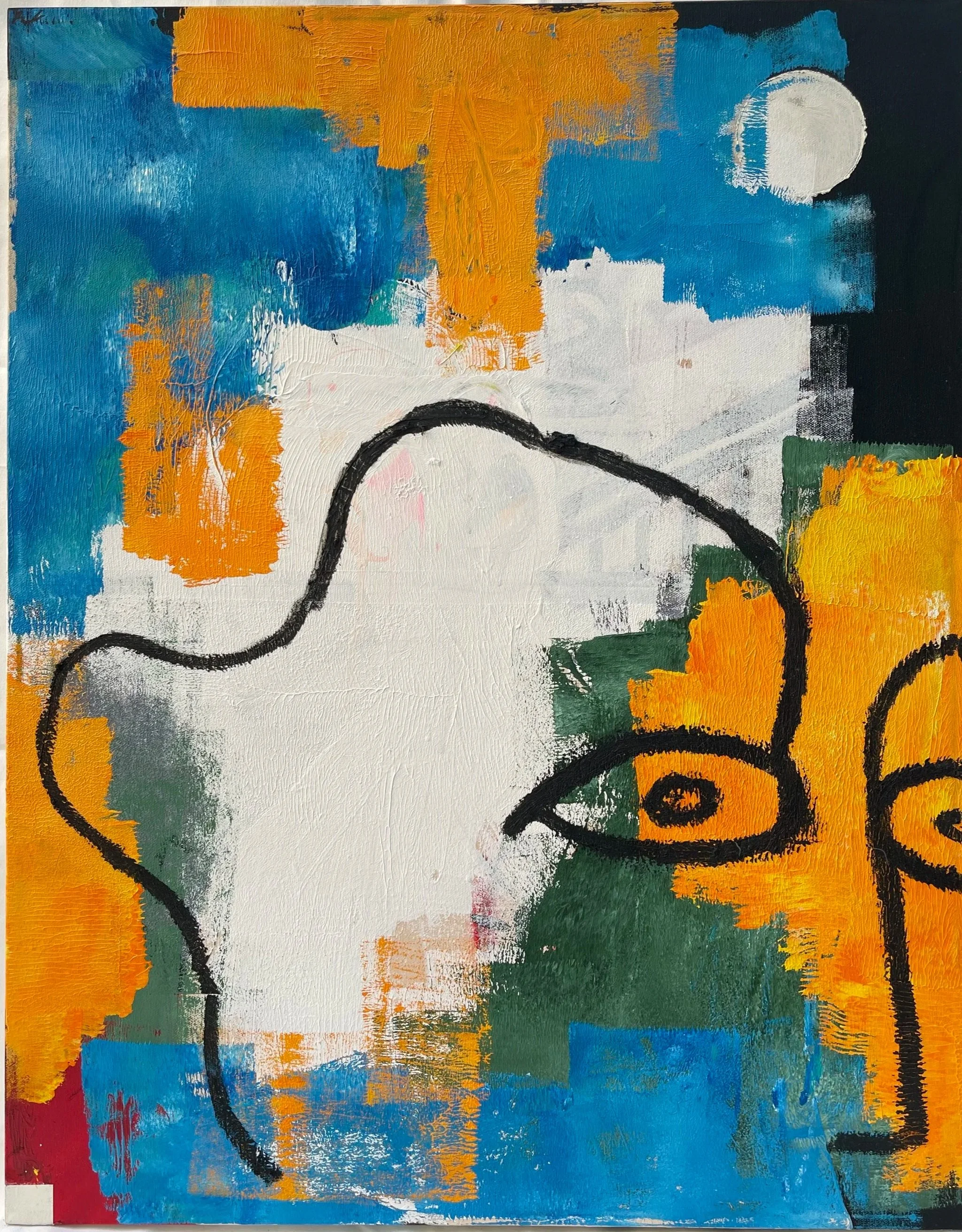 Abstract painting featuring vibrant colors such as blue, orange, white, green, yellow, and black, with bold brushstrokes and a curved black line.