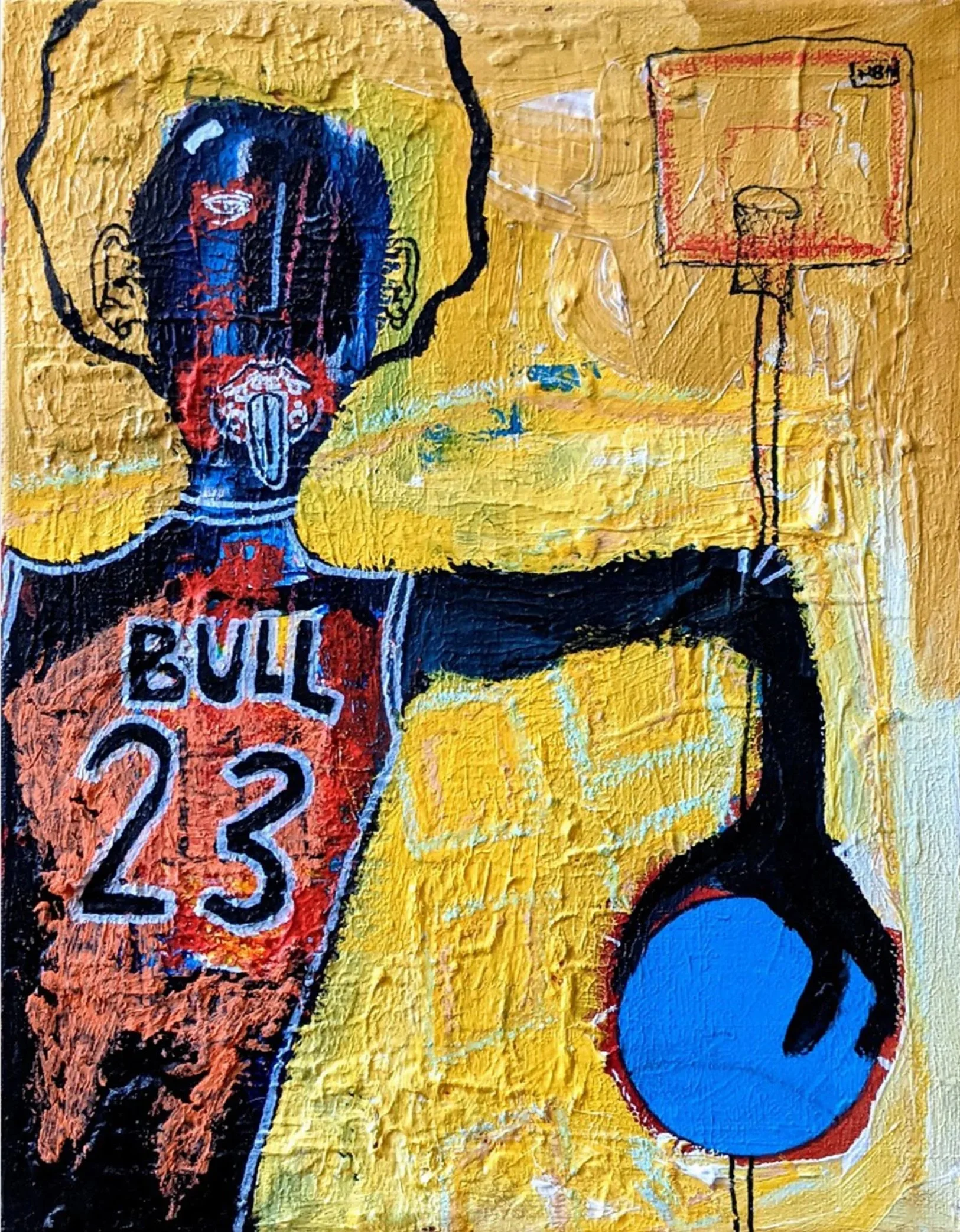 A colorful abstract painting of a young man with dark hair, wearing a red sports jersey with the words 'BULL' and the number '23.' in white, looking at a basketball hoop.