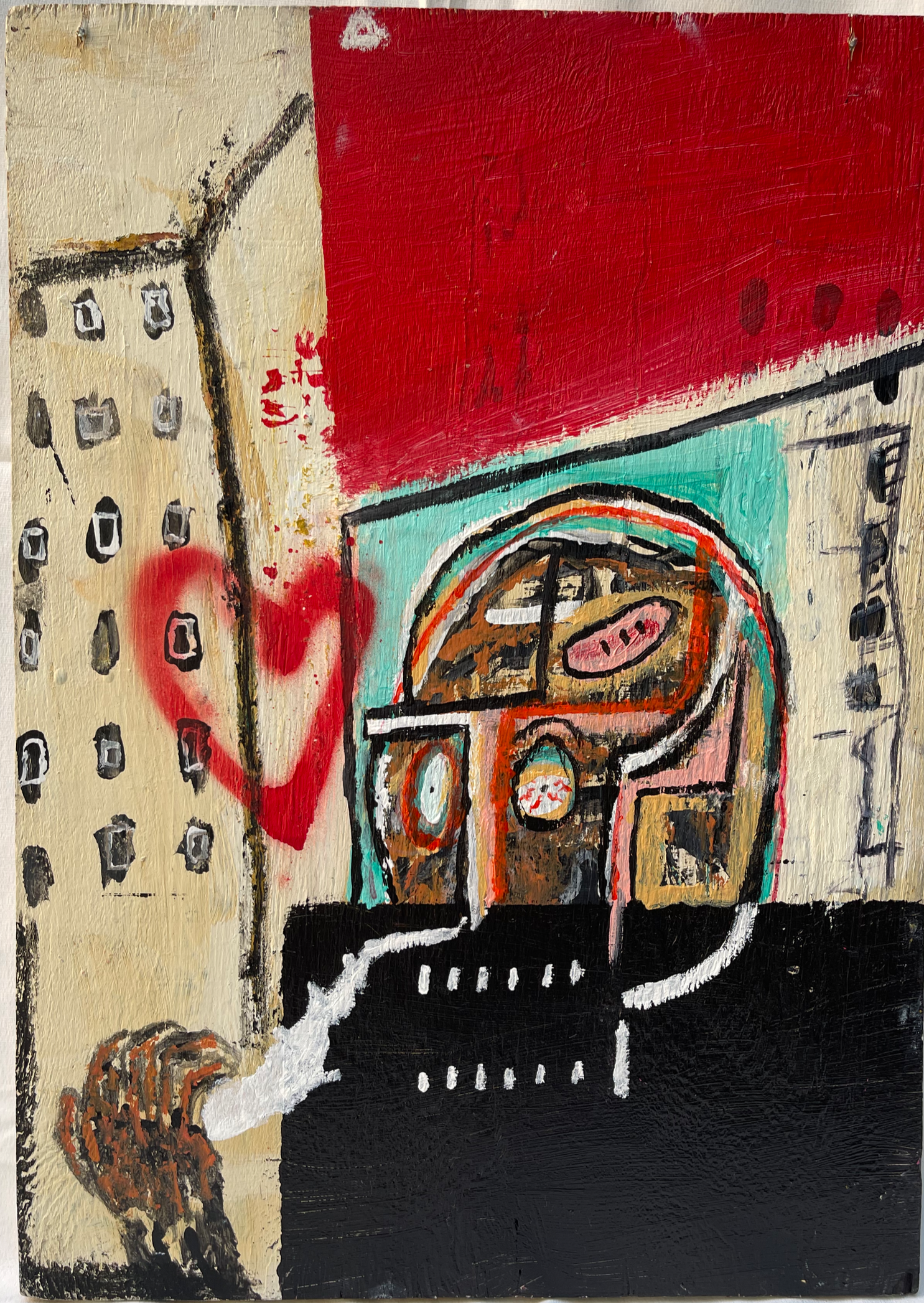 Abstract painting with a mix of colors including black, white, red, yellow, green, and orange, featuring a prominent face-like figure with exaggerated features and textured brushstrokes.