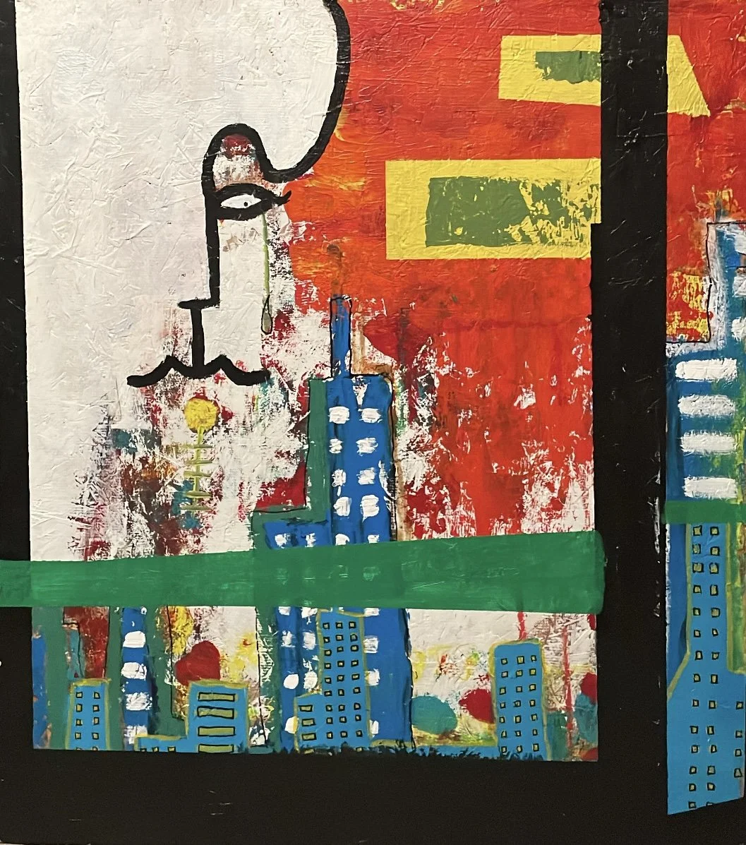 Abstract painting of a cityscape with colorful buildings, a black-and-white figure, and a red background.