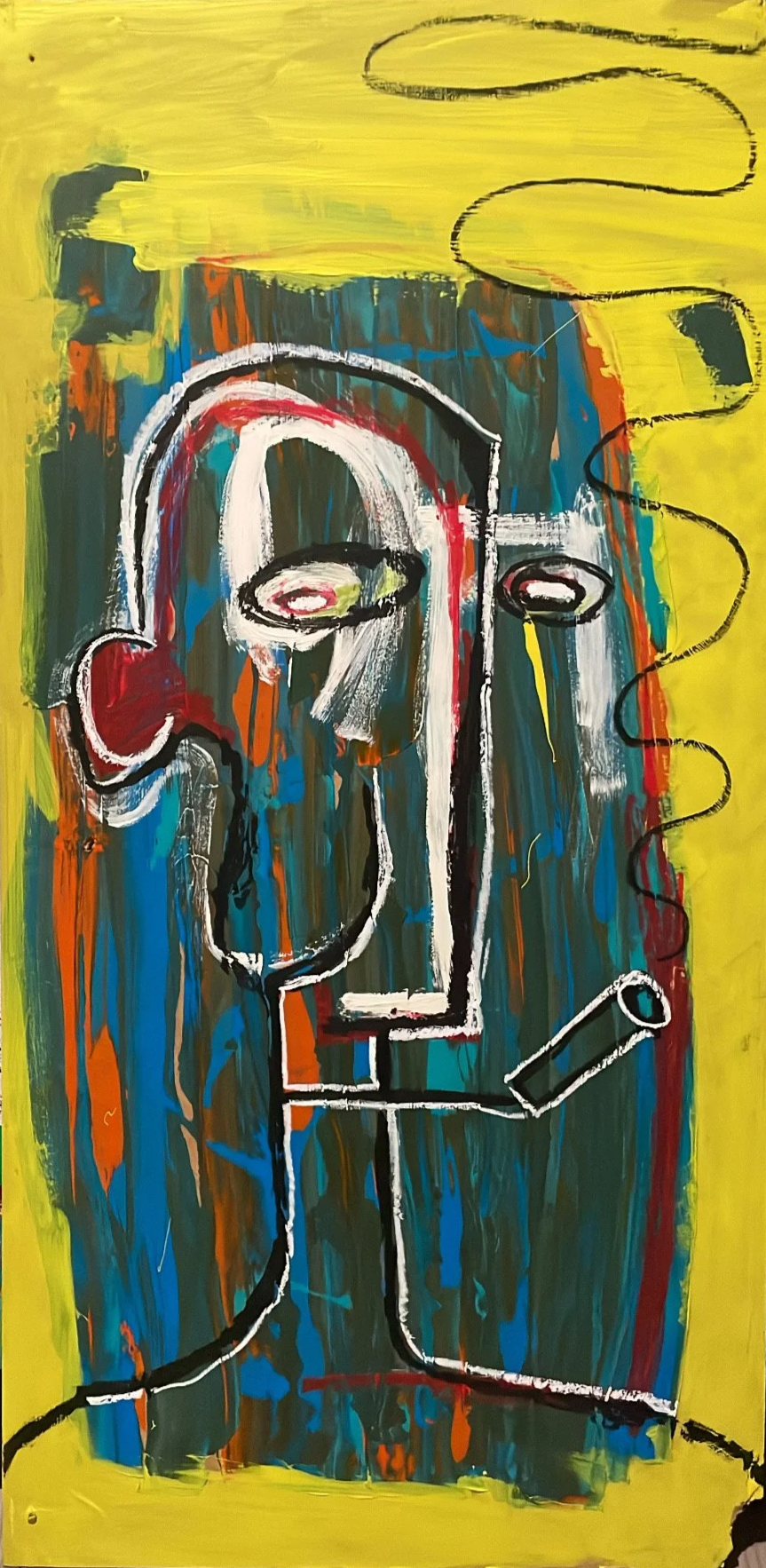 Abstract painting of a human face outlined with white and black lines, set against a background with splashes of yellow, red, blue, and green colors.