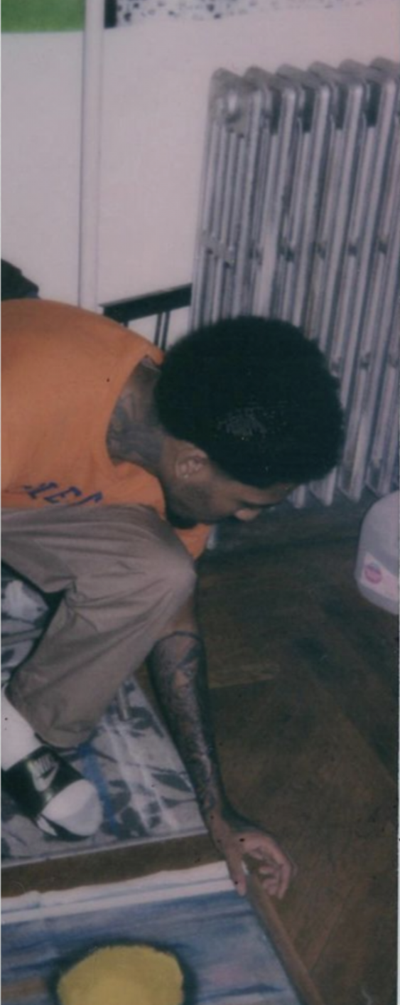 A young man with dark hair and tattoos, wearing an orange shirt and khaki shorts, crouching down and reaching out with his right hand inside a room with wooden flooring, a white wall, a radiator, and a colorful rug on the floor.