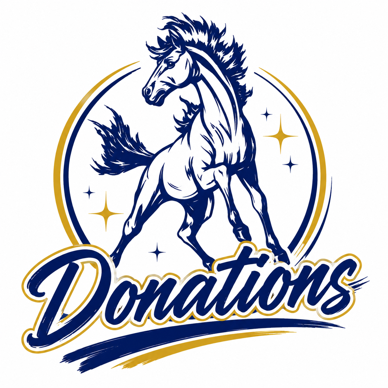 A logo featuring a blue and white horse rearing up inside a circle with stars, with the word 'Donations' in bold script below.