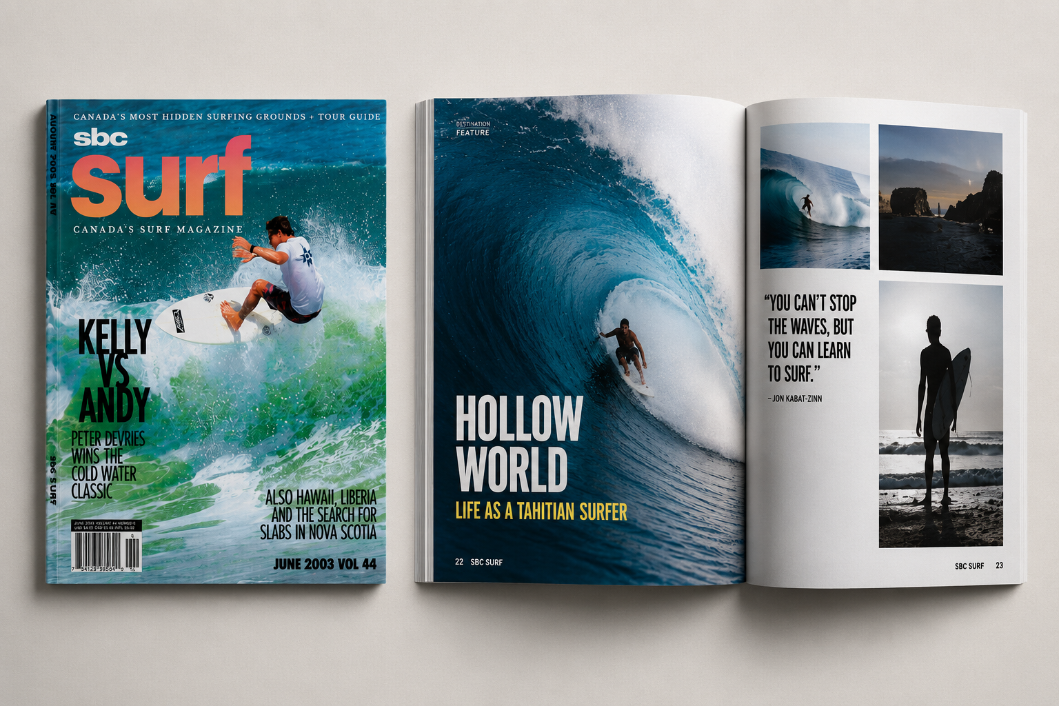 Two-page magazine spread about surfing. The left page features the cover of 'SBC Surf' magazine with a surfer riding a wave, with titles about Kelly vs Andy and other surfing topics. The right page has a large photo of a surfer riding a wave, with a quote about learning to surf, and two smaller photos of surfers near the shore.