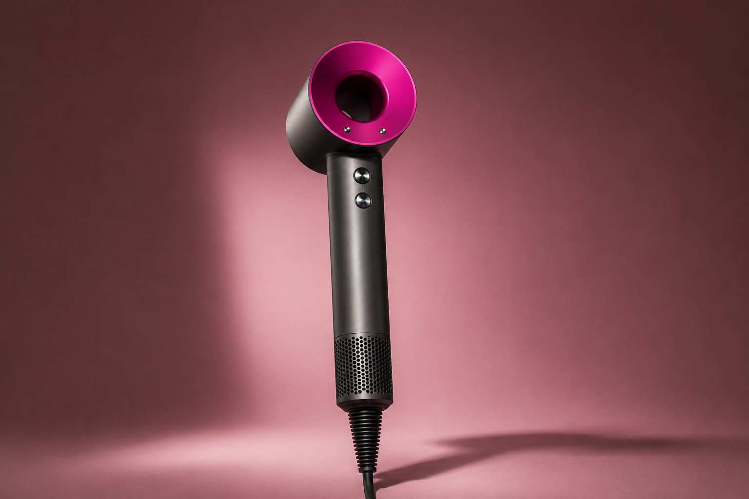 Close-up of two modern bladeless fans with pink and silver coloring, set against a peach background.