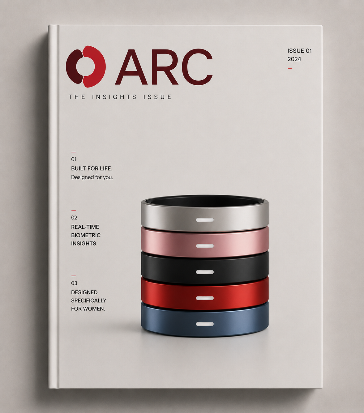 Magazine cover titled 'ARC: The Insights Issue, Issue 01, 2024' featuring a stack of five colored wristbands or fitness trackers in silver, pink, black, red, and blue on a white background with text highlighting features such as durability, real-time biometric insights, and design for women.