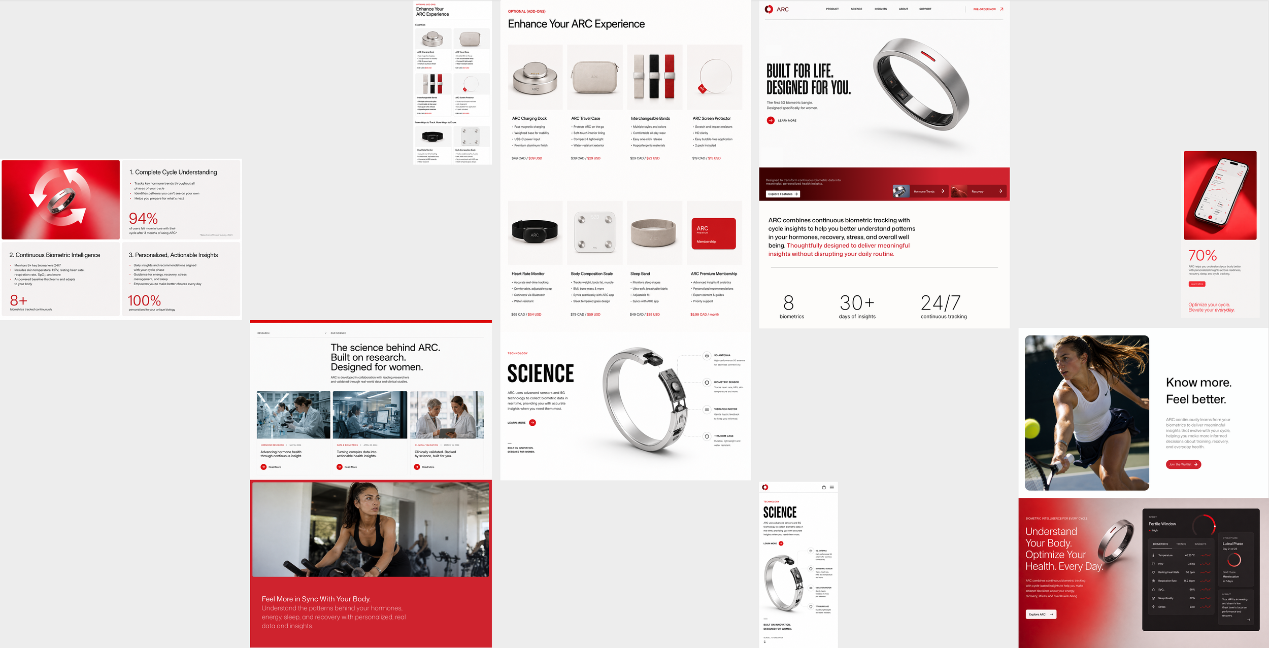 Collection of webpages and product images related to health and fitness technology, including biometric tracking devices, smart rings, and fitness apps, with promotional content emphasizing personalized insights and continuous monitoring.
