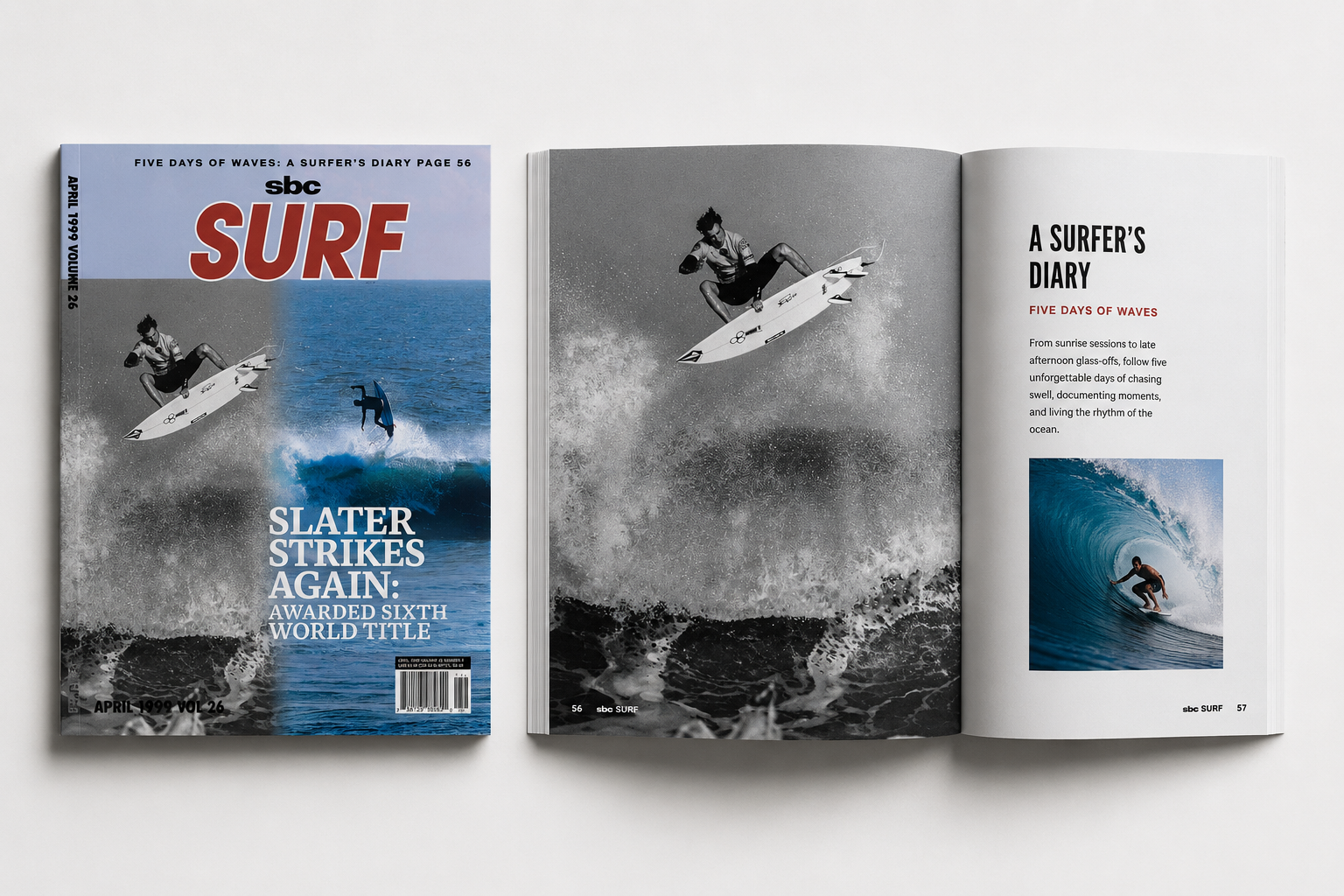 Open magazine showing surfing theme with black and white action photo of a surfer jumping over waves on the right page and a color photo of a surfer riding a wave at the bottom right corner of the right page. The left page features a magazine cover with a black and white photo of a surfer performing a stunt, a blue sea background, and bold red and white text.