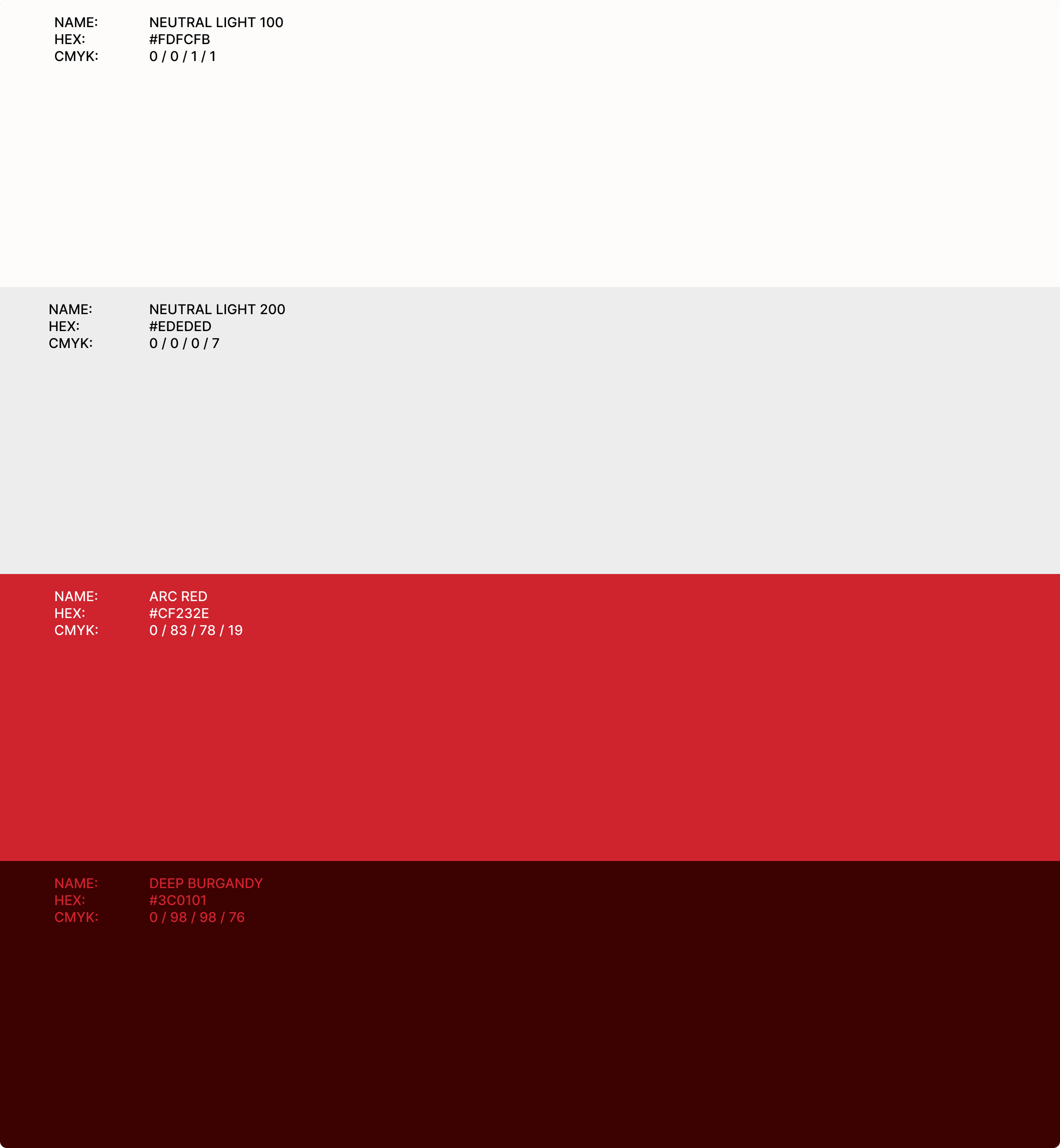 A color palette with swatches labeled and their respective HEX codes. Colors include Neutral Light 100, Neutral Light 200, Arc Red, and Deep Burgandy.