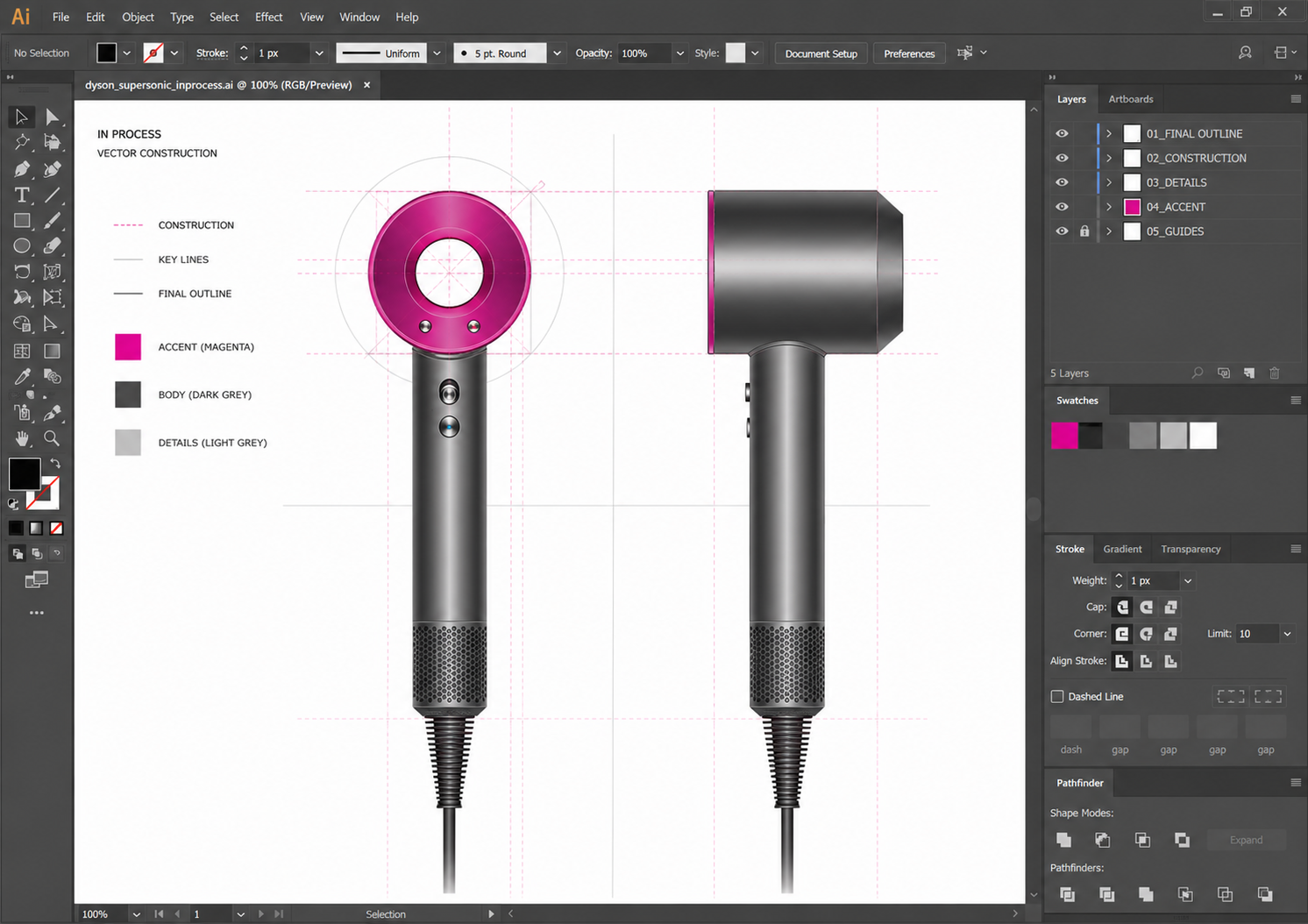 Digital vector illustration of a Dyson Supersonic hairdryer with color-coded layers and construction details in a graphic design software interface.