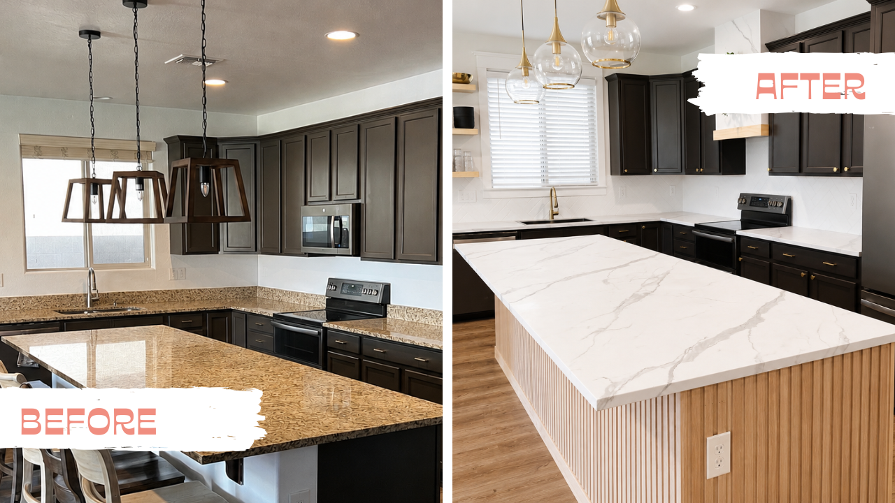 Side-by-side comparison of a kitchen before and after renovation. The before image shows dark brown cabinets, granite countertops, and wooden pendant lights. The after image displays white marble countertops, black cabinets, modern hanging glass lights, and a wooden panel on the side of the island.