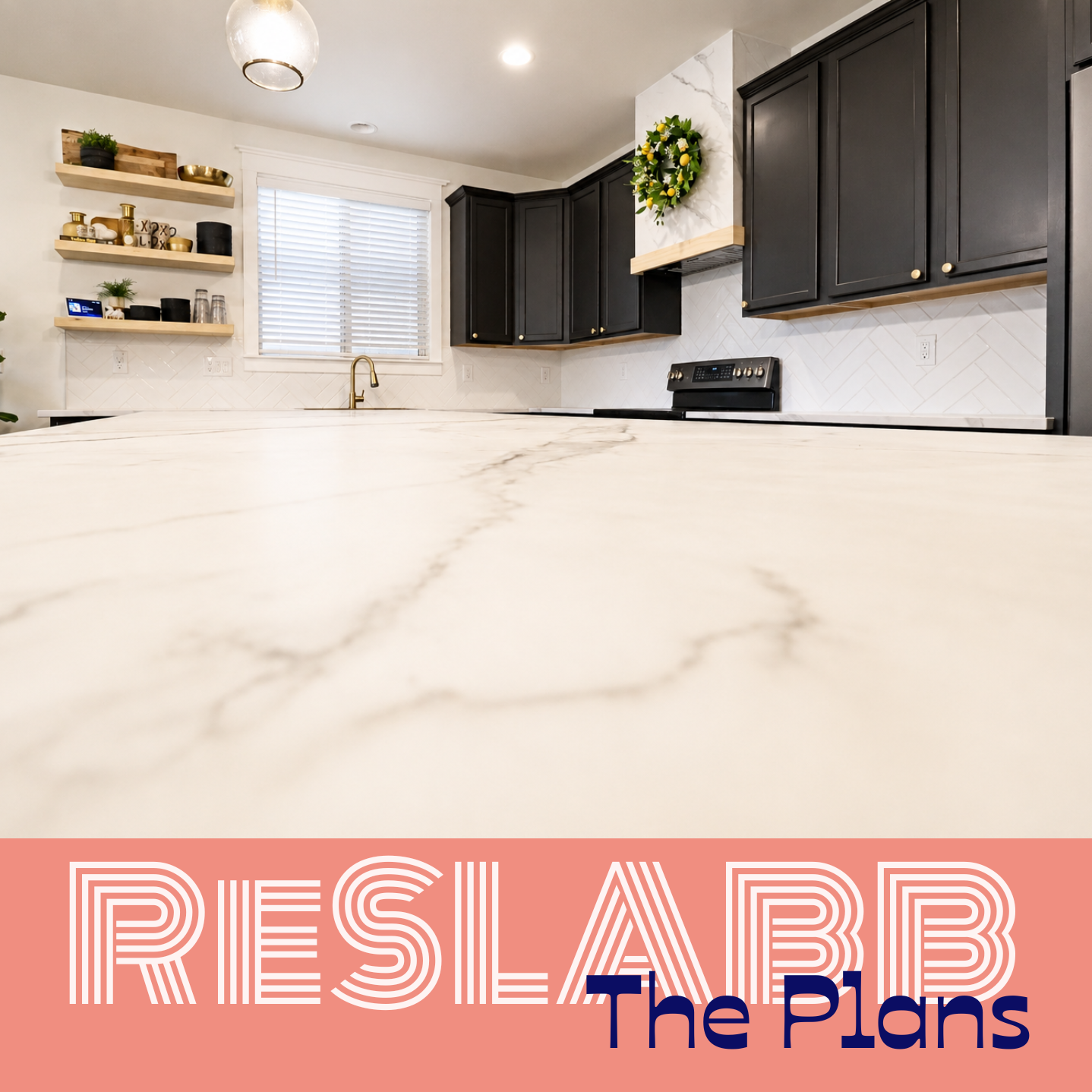 ReSlabb method to cover and refinish stone countertops. Modern kitchen with black cabinets, white marble countertop, and decorative shelves with plants and decor, featuring a window with blinds and a wreath above the stove.