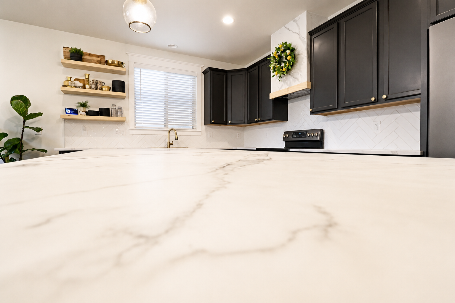 Modern kitchen with black cabinets, white backsplash, and white marble countertop with gray veining. Gold faucet, window with white blinds, and open floating shelves with decorations. A potted plant is visible on the left.