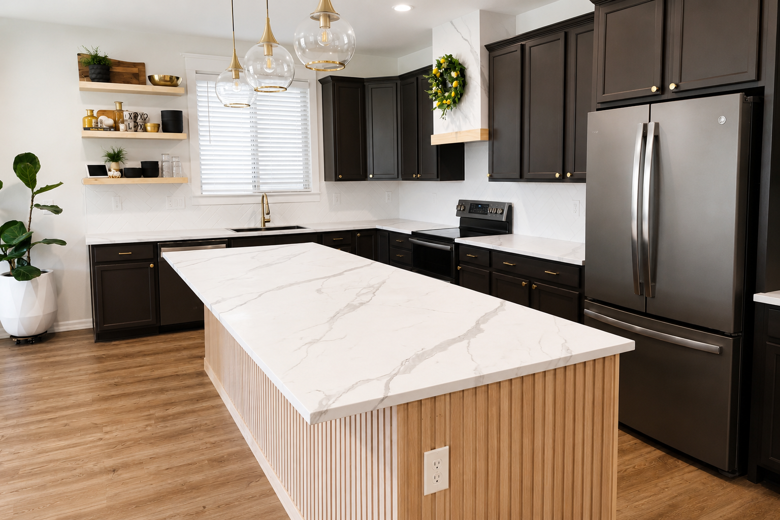 Modern kitchen with black cabinets, white marble countertops, and stainless steel appliances, including a large refrigerator. There is a kitchen island with a marble top, wooden paneling on the side, and a power outlet. Open shelves with decorative items and a large window with white blinds are also visible.