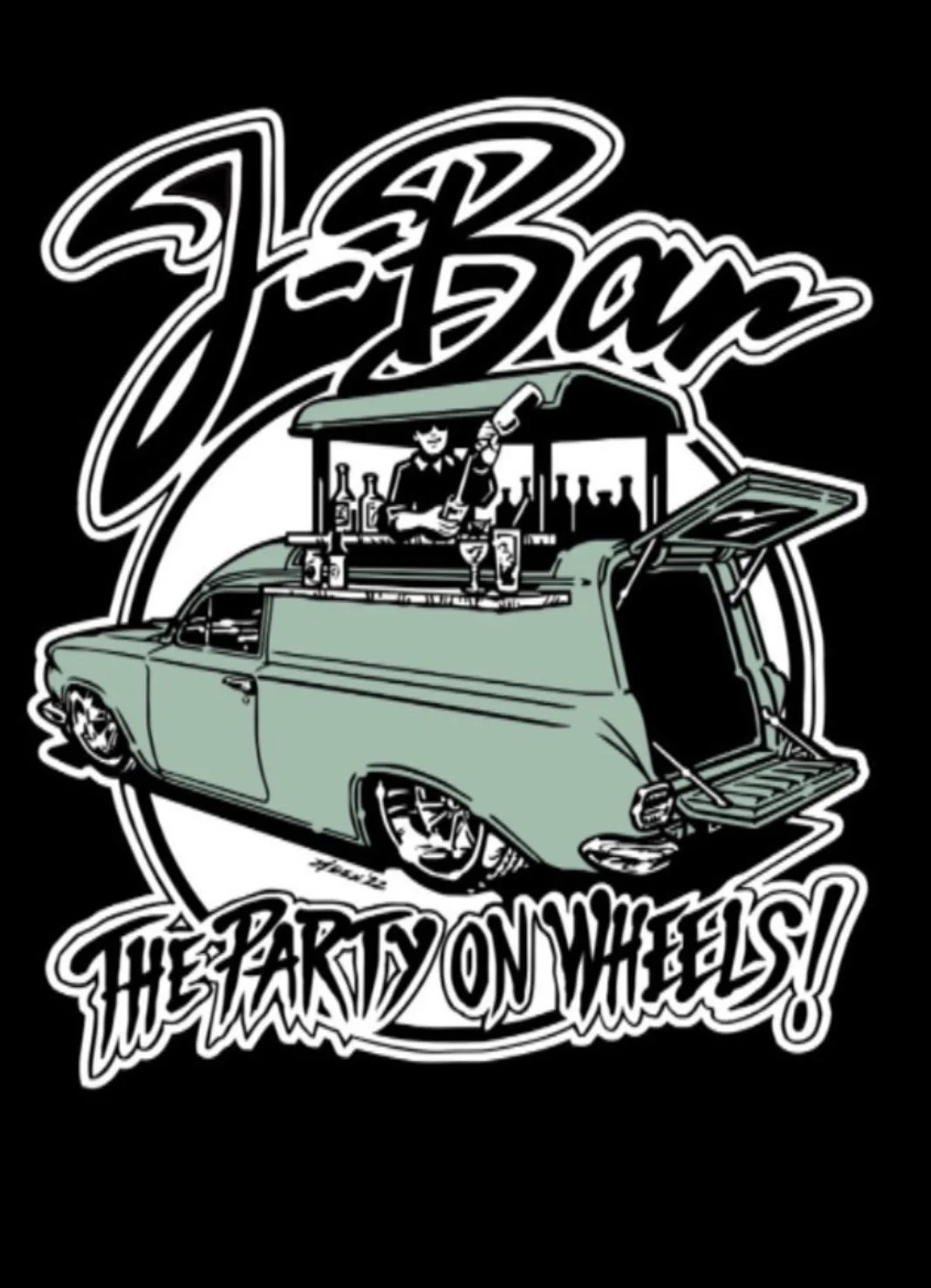 Illustration of a vintage car with a mobile bar setup on its trunk, featuring a bartender pouring a drink, with the text 'Jebar' above and 'The Party on Wheels!' below.