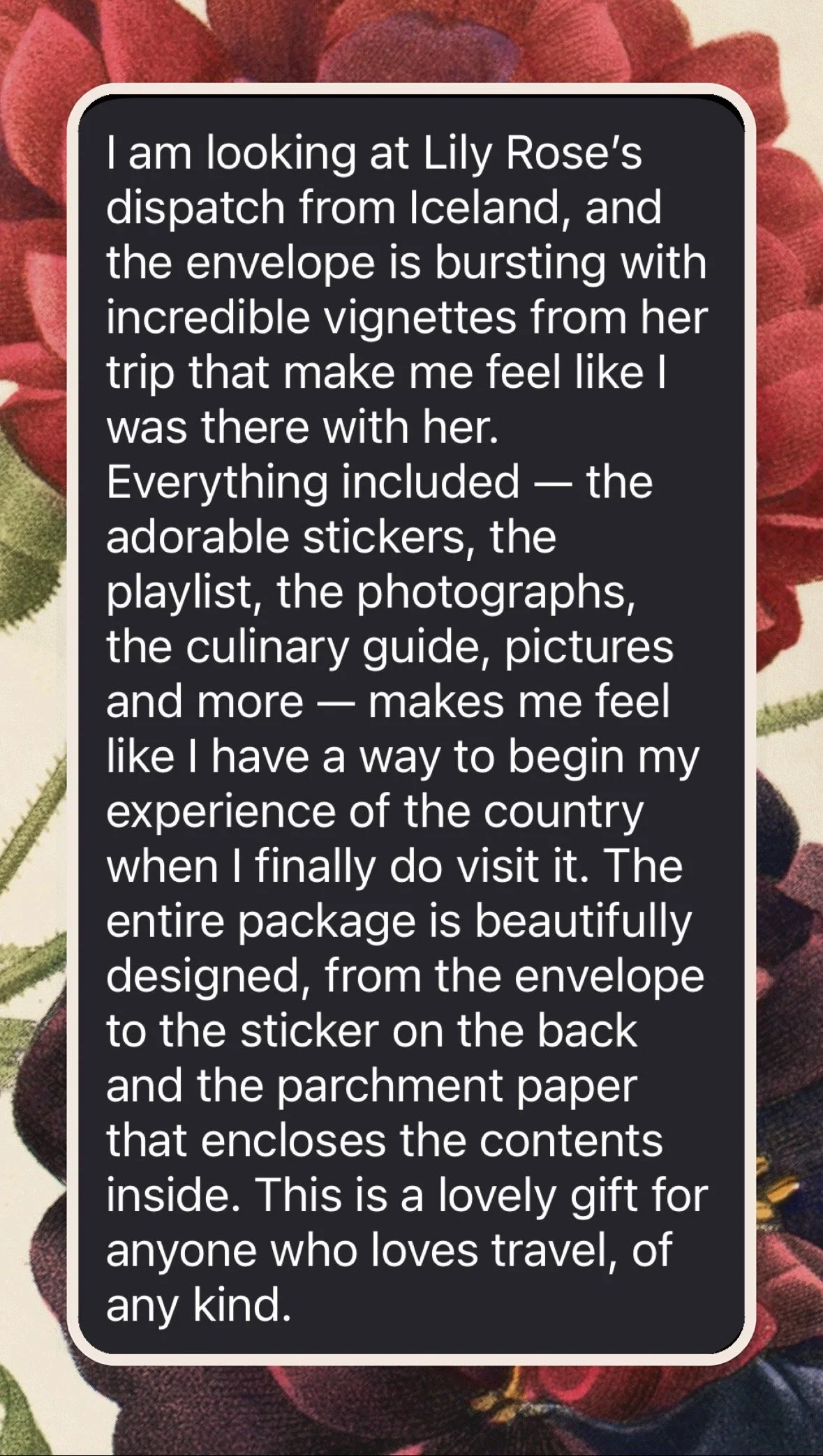 Close-up of a message containing a detailed description of a gift package from Iceland, with a background of a floral pattern.